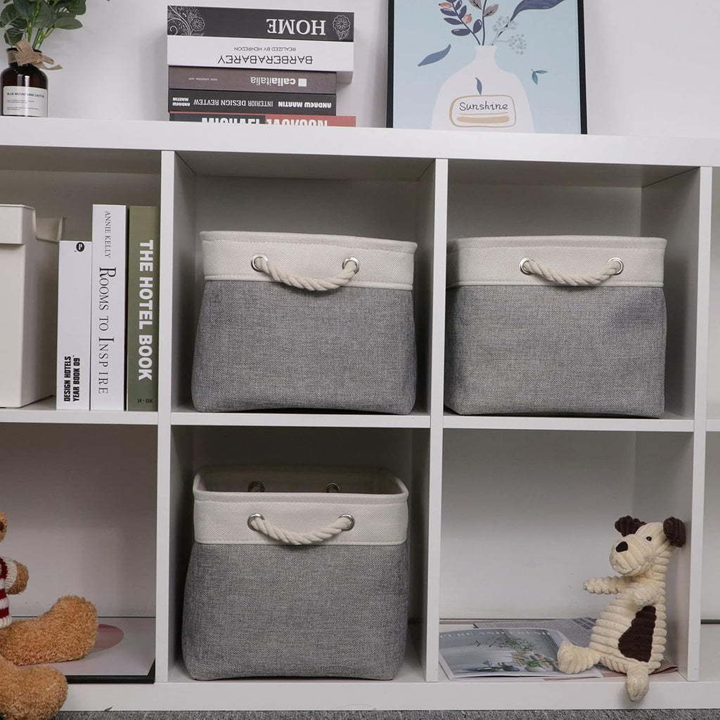 Bidtakay Baskets Set of 3 Storage Baskets for Organizing Large Fabric Storage Bins for Shelves Decorative Canvas Bins Collapsible Empty Baskets for Closet,Nursery,Clothes,Toys,Shoes(White&Grey)