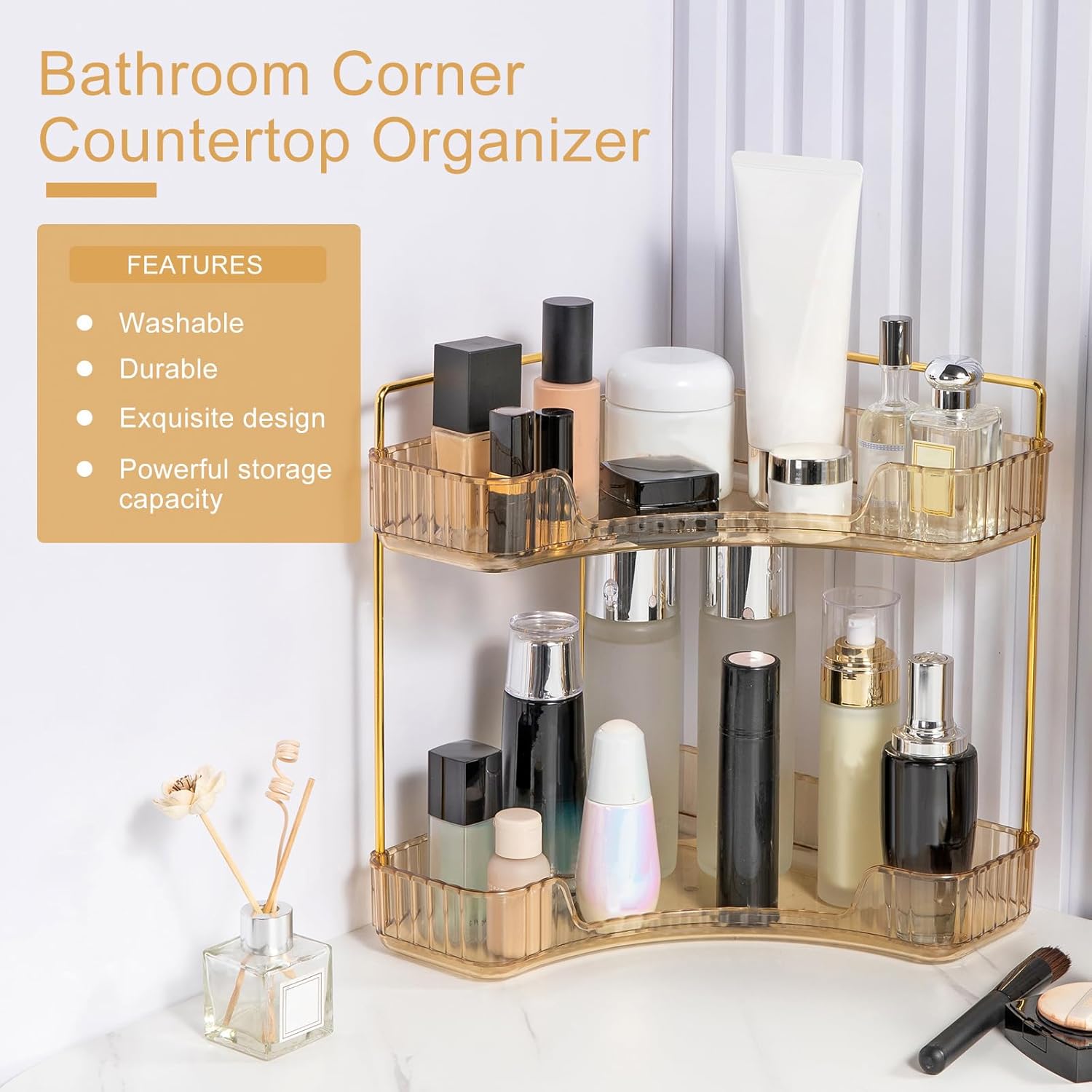 Corner Bathroom Countertop Organizer, Vanity Organizer Trays for Counter, Makeup Organizers, Perfume Tray, Skincare Shelf Storage Gifts for Women Girl Student (Yellow, 2 Tiers)