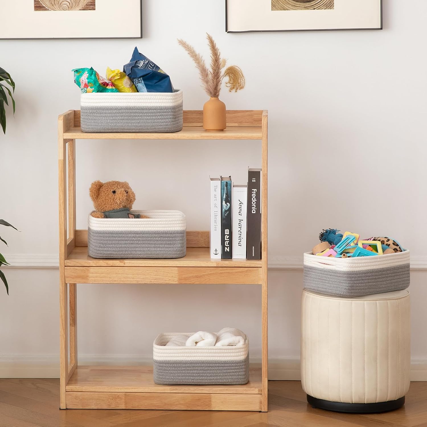 OIAHOMY 4 Pack Storage Baskets for Organizing, Small Bins for Shelves, Cute Decorative Storage Bins, Organizer Baskets for Gifts Empty, 13.8''Lx9.8''Wx5.5''H, Grey/White