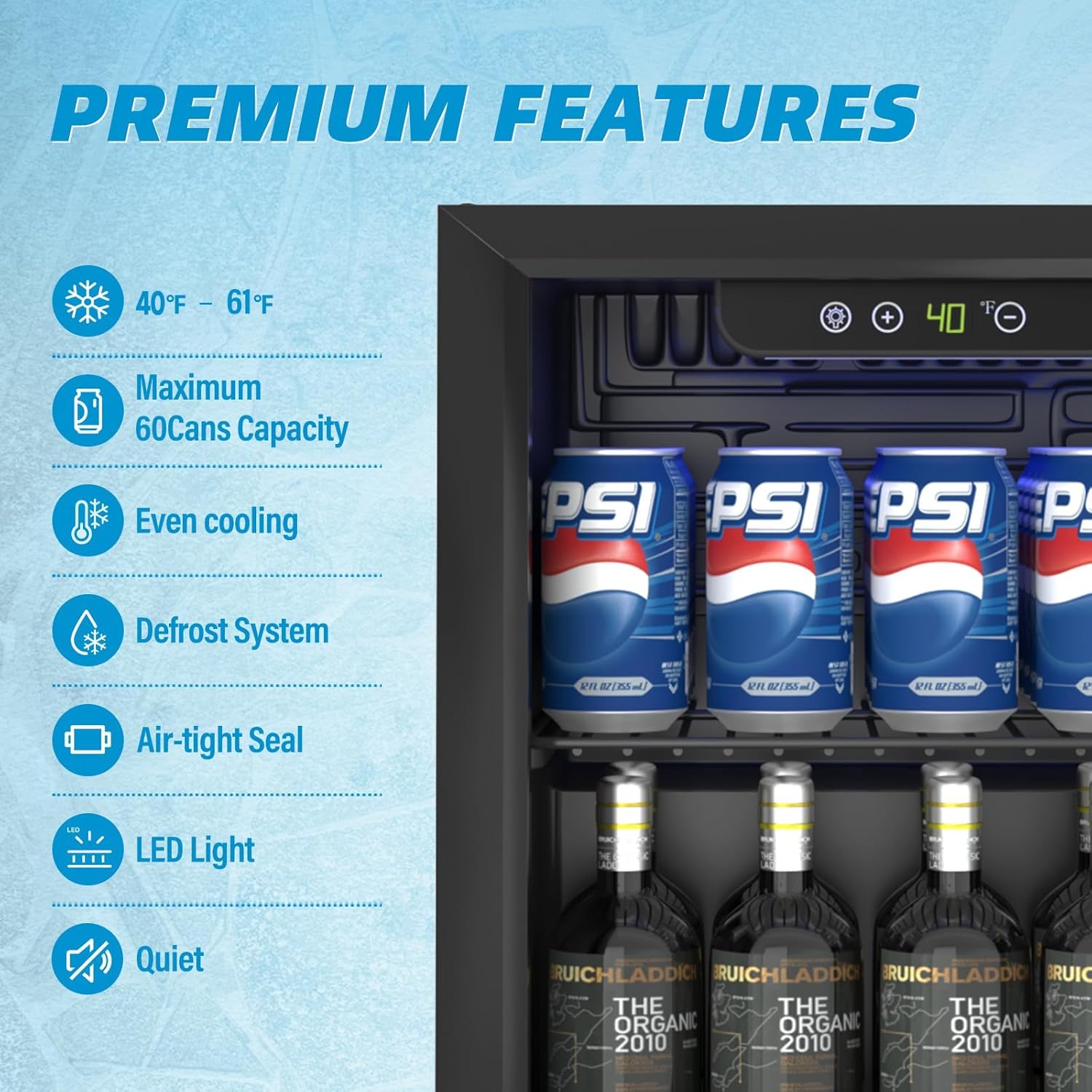 1.3 Cubic Feet Mini Fridge, 60 Can Freestanding Beverage Refrigerator with Glass Front Door for Soda, Beer Under Counter Small Refrigerator with Adjustable Shelves and Digital Display(Black)