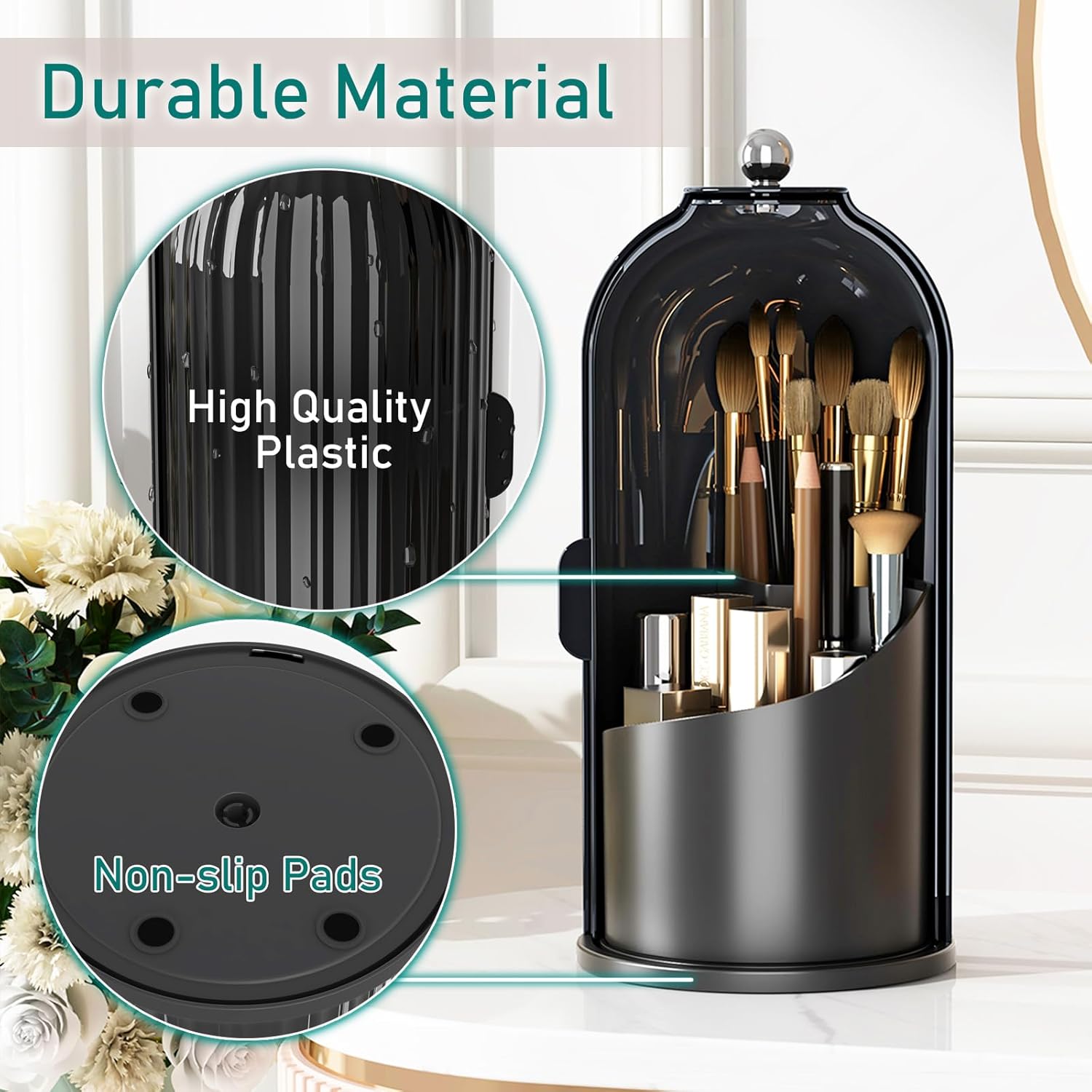 GAXmi Makeup Brush Holder with Lid Cosmetic Tools Organizer 360 Rotating Waterproof Dustproof Beauty Brushes Storage for Vanity, Dark Black