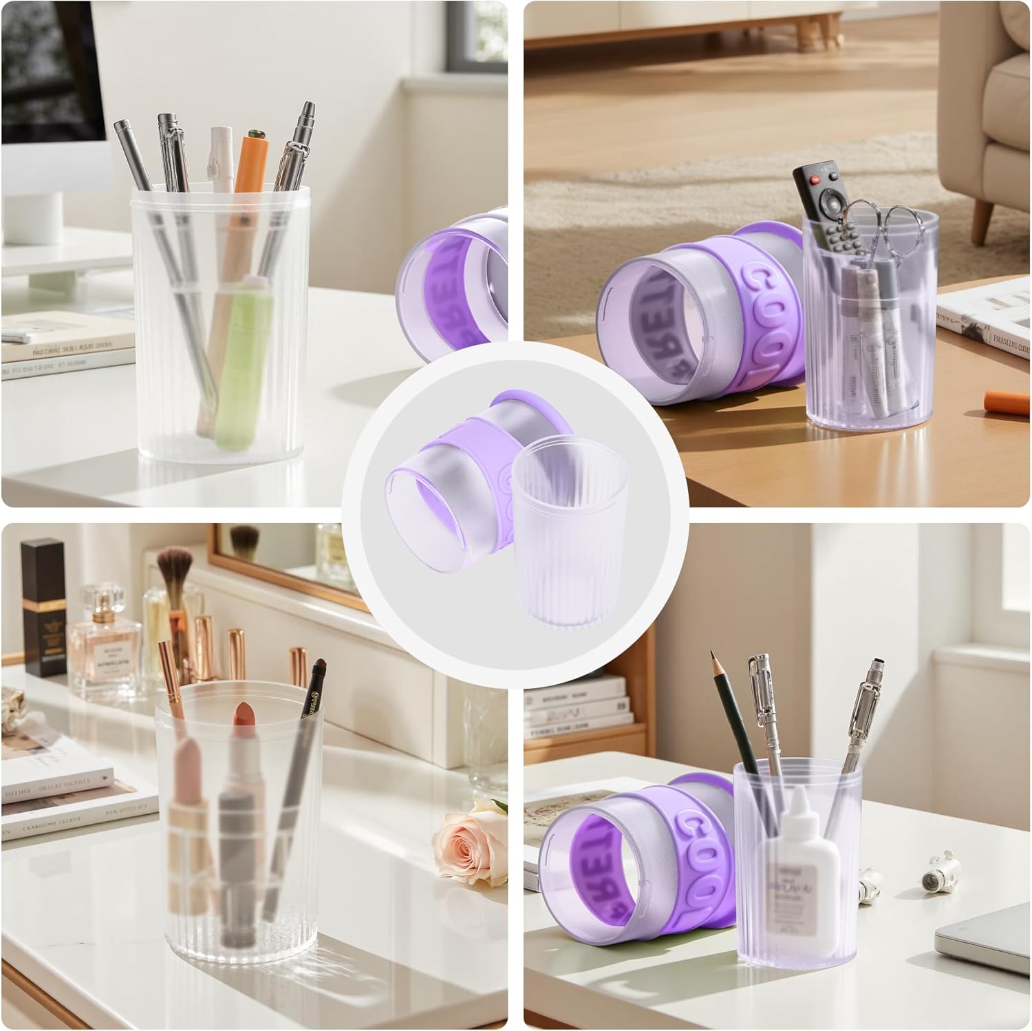 Li&Zhao Makeup Brush Holder with Lid - Makeup Brush Organizer Plastic Makeup Brush Holder for Vanity Expandable Makeup Brush Cup Pencil Holder for Desk Pen Holders for Desktop Countertop Bathroom