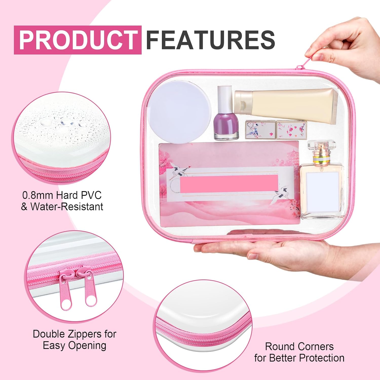 Sanwuta 6 Pcs Clear Hard Zipper Case Hard Plastic Zipper Pouches Transparent Makeup Bag Pencil Pouches for Travel Snacks Christmas Trinket Storage Organizer Box(Pink,9.84 x 7.87 x 2 Inch)