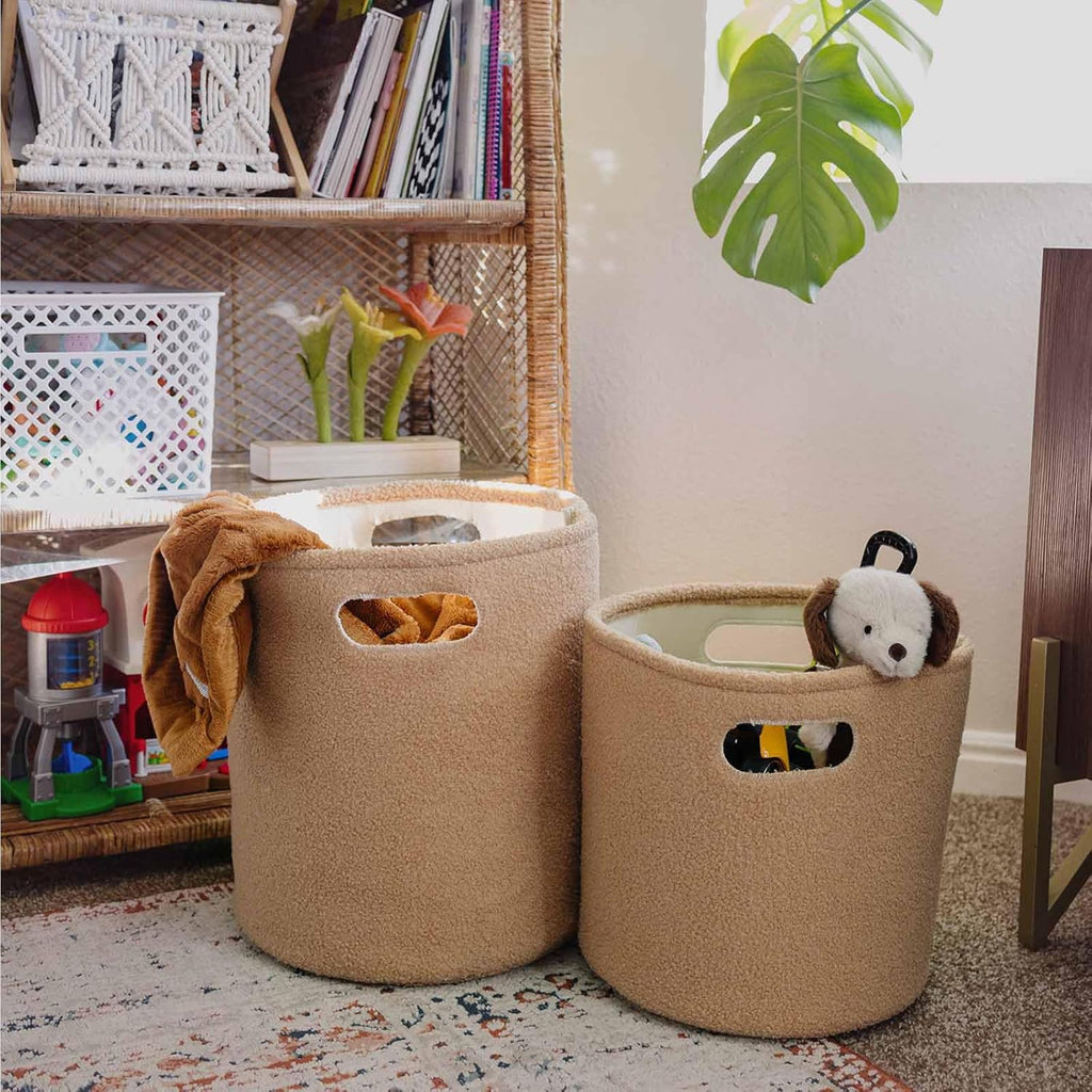 PUTSKA Basket –Round Storage for Clothes – Soft Baby Girl Basket for Nursery, Kids Room, Bedroom, Living Room –Large, Brown