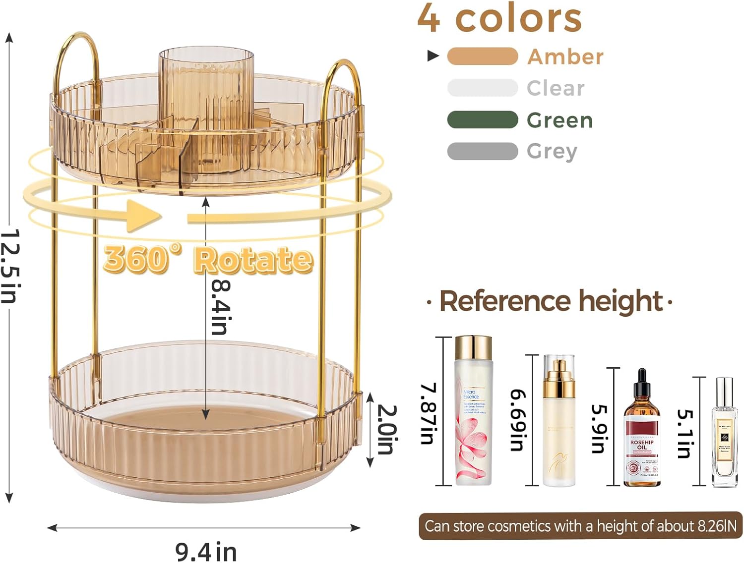 360° Rotating Makeup Organizer, Upgraded 2 Tier Skincare Perfume Organizers for Women, Bathroom Organizer Countertop, Clear Cosmetic Dresser Organizer with Makeup Brush Holder, Sink&Counter(Amber)
