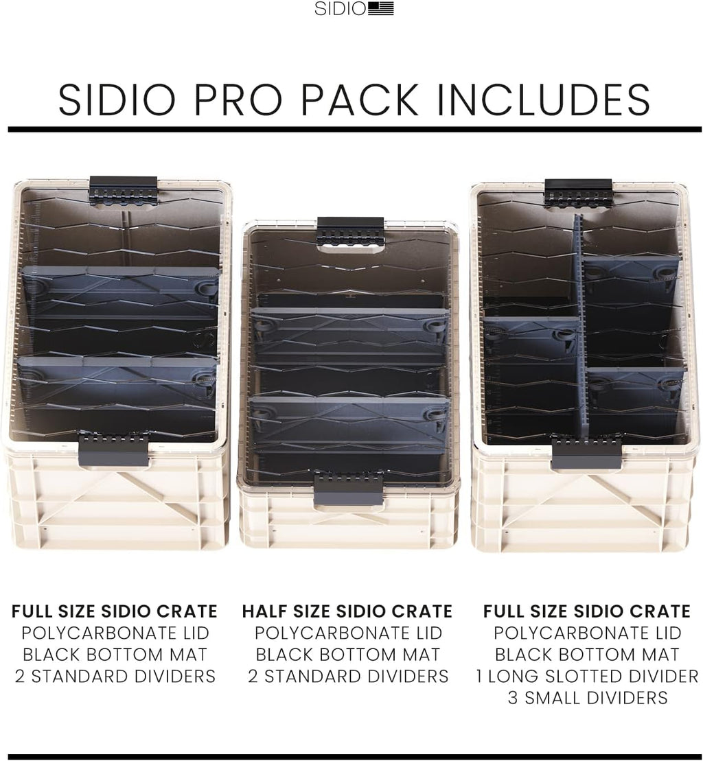 SIDIO Crate Pro Pack - 2 Full-Size & 1 Half-Size Heavy Duty Stackable Storage Bins, Totes and Containers with Lids and Dividers - Durable Organizer for Home, Office, Garage, and Outdoor Use