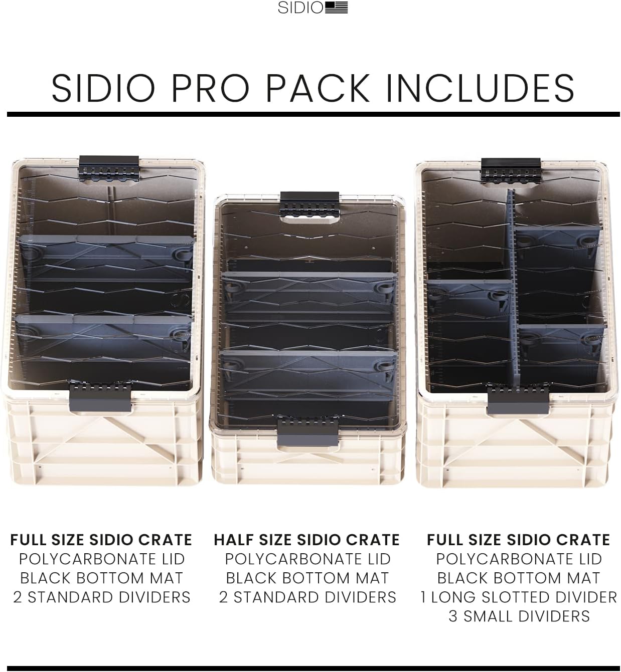 SIDIO Crate Pro Pack - 2 Full-Size & 1 Half-Size Heavy Duty Stackable Storage Bins, Totes and Containers with Lids and Dividers - Durable Organizer for Home, Office, Garage, and Outdoor Use