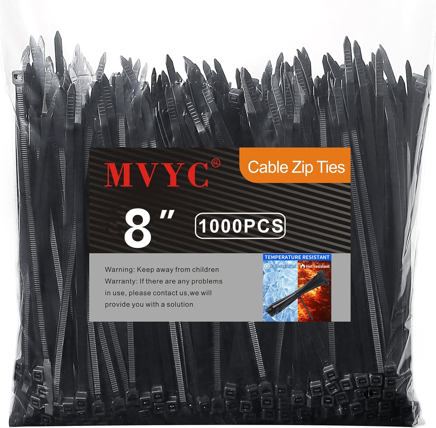 Zip Ties, Heavy Duty Cable and Wire Ties with 50 Ibs Tensile Strength and UV Resistance, for Home, Office, Garden, Workshop, Black (8 Inch, 1000 Pack)