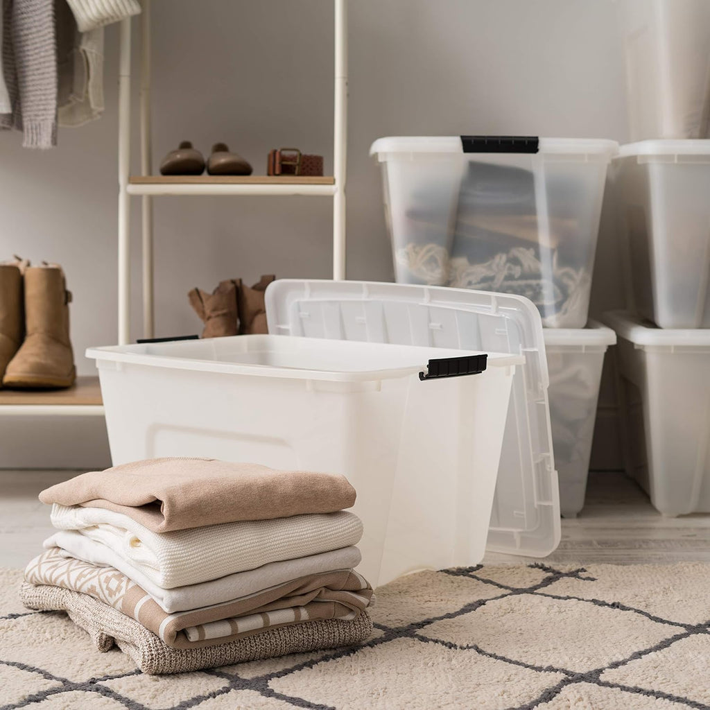 IRIS USA 54 Qt Stackable Plastic Storage Bins with Lids, 6 Pack - BPA-Free, Made in USA - Discreet Organizing Solution, Latches, Durable Nestable Containers, Secure Pull Handle - Pearl