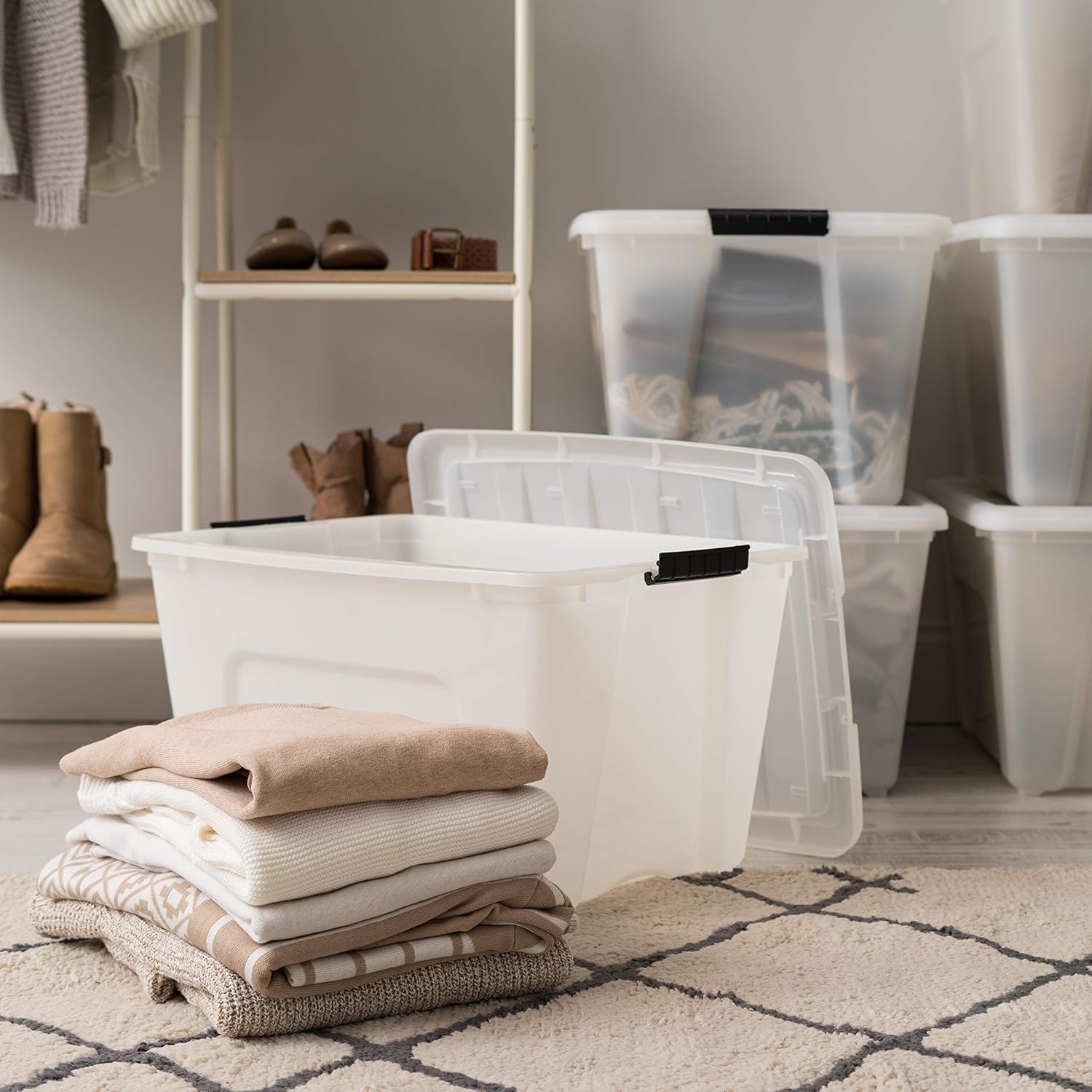 IRIS USA 54 Qt Stackable Plastic Storage Bins with Lids, 6 Pack - BPA-Free, Made in USA - Discreet Organizing Solution, Latches, Durable Nestable Containers, Secure Pull Handle - Pearl