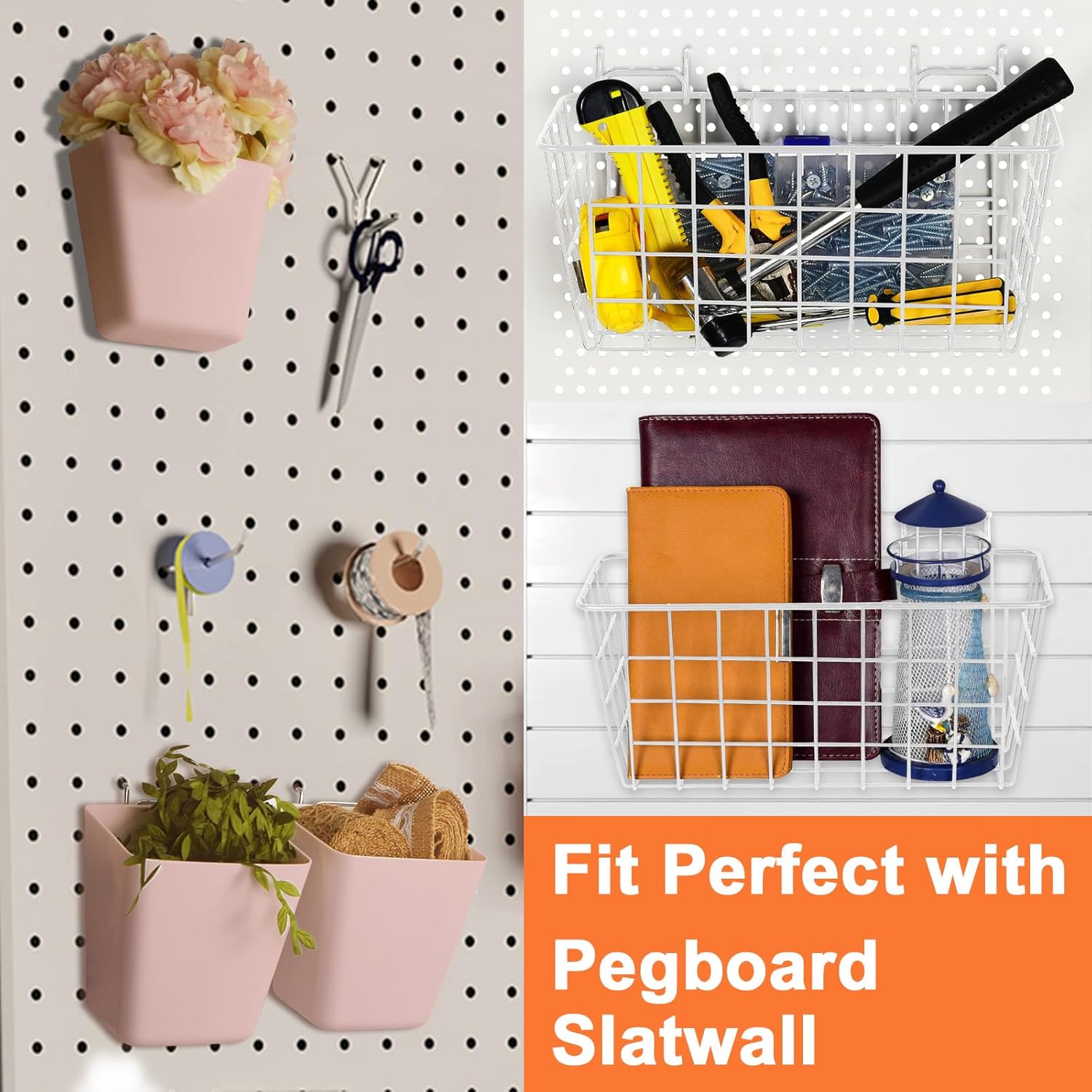 Pegboard Basket Organizers, Peg Board Large Baskets Hooks Bins Cups Tool Organizer 6 Pack Set, Wall Storage Display Hanging Accessories for Craft Office Stadio Shed Garage Organization (White & Pink)