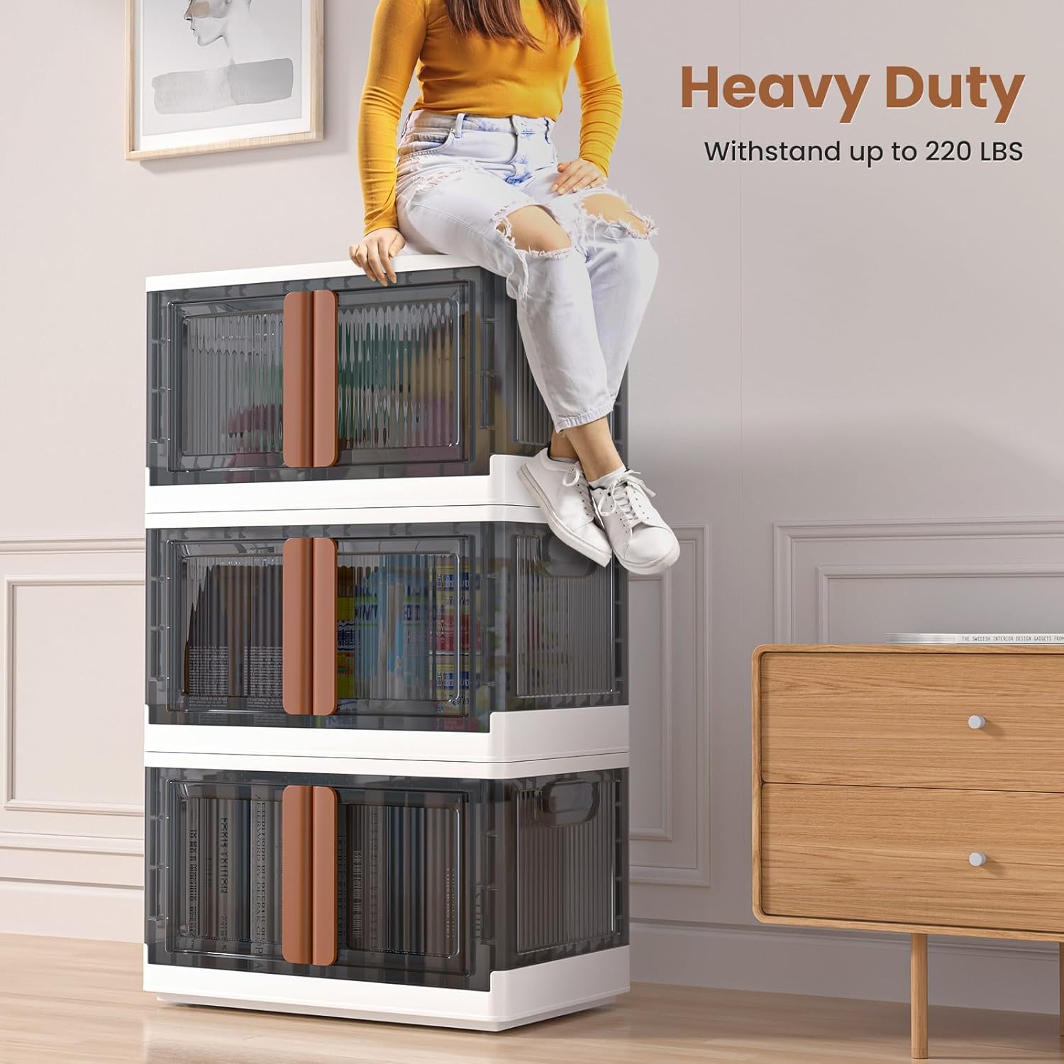 LCG 3-Tier Foldable Plastic Storage Bins with Lids and Doors, 57 Gallon (19 Gal x 3pack), Stackable Organizer Drawer (Large)