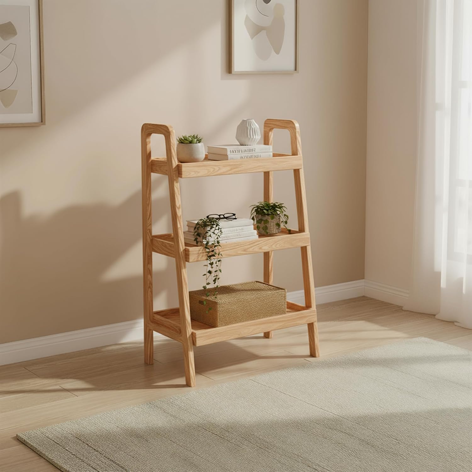 100% Solid Oak 3 Tier Ladder Shelf for Saving Space, Tall Nightstand with Stable Frame for Bedroom, Small Side Table for Living Room Office(Natural, 13.4" L x 25.6" W x 36.2" H)