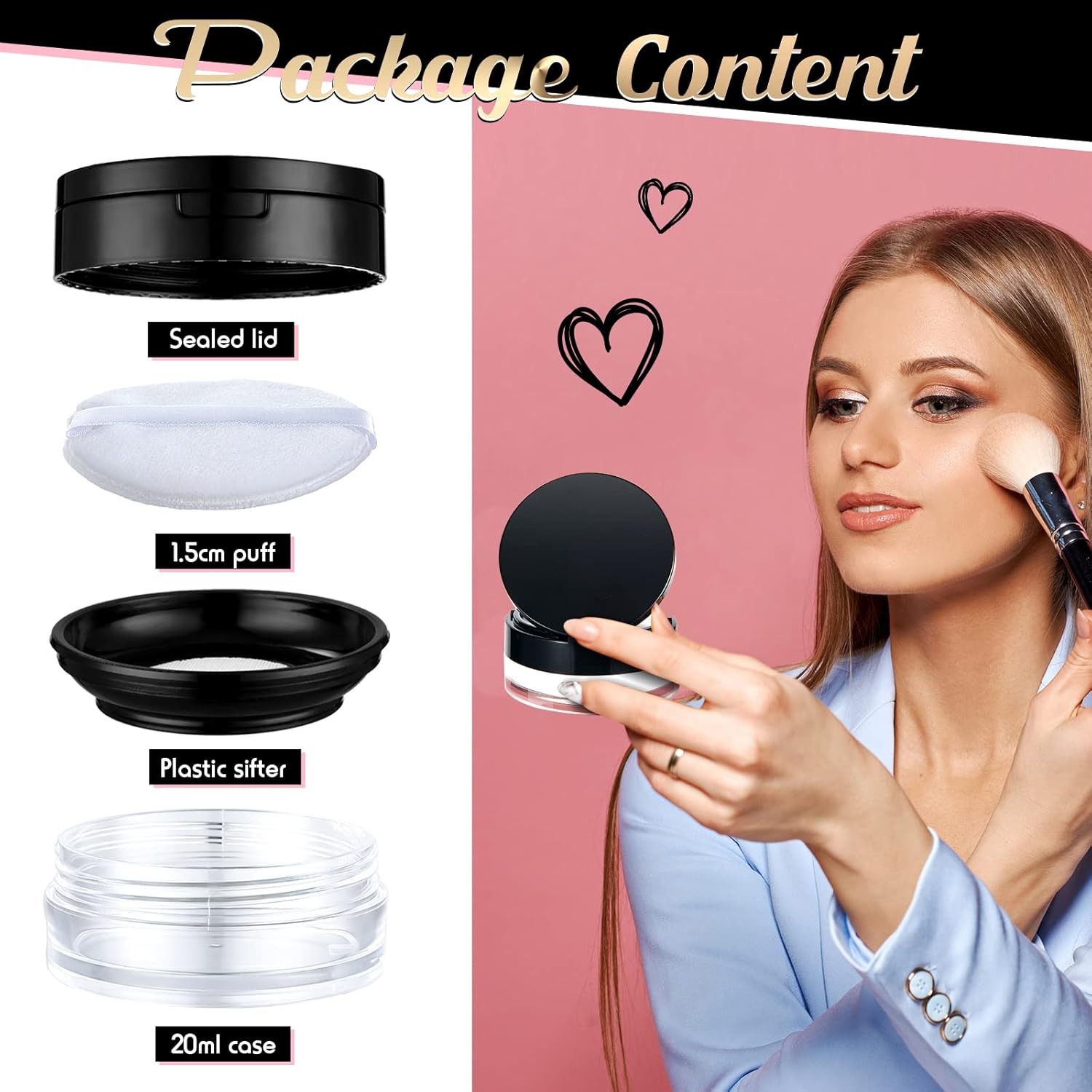 Cunhill 2 Pcs Loose Powder Container with Puff 0.17/0.7 oz Reusable Plastic Empty Case Portable DIY Makeup Powder Container Compact Case with Mirror and Net Sifter(Silver, Black)