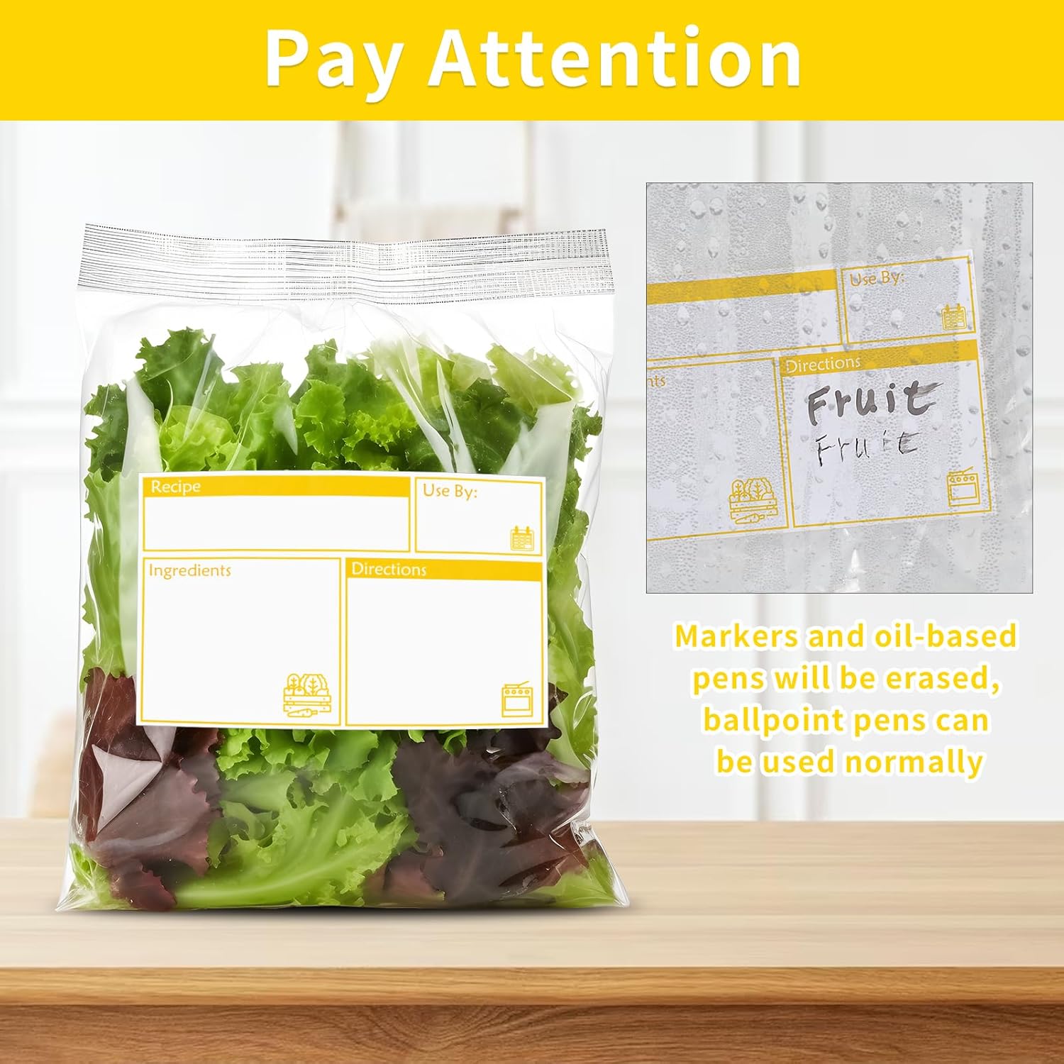 100pcs Labels for Freezer Bags Freezer Meal Labels with Instructions 3.2 X 5 inch Oil and Water Resistant Labels Food Labels for Freezer Storage for Leftovers in Fridge Removable Freezer (Yellow)