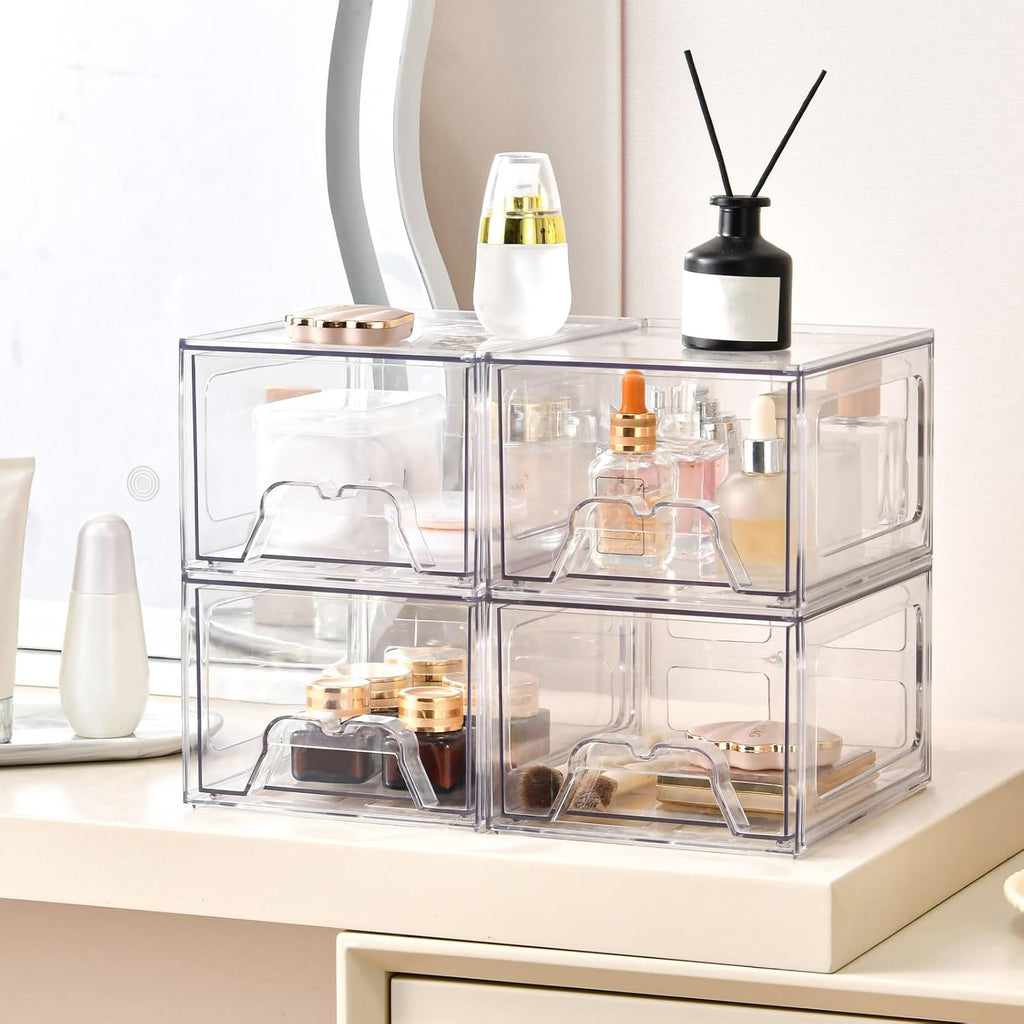 Stackable Makeup Organizer Storage Drawers Set of 4, Clear Plastic Organizer Bins for Beauty Supplies,Ideal for Vanity, Bathroom,Cabinet,Pantry Organization (4 Short)