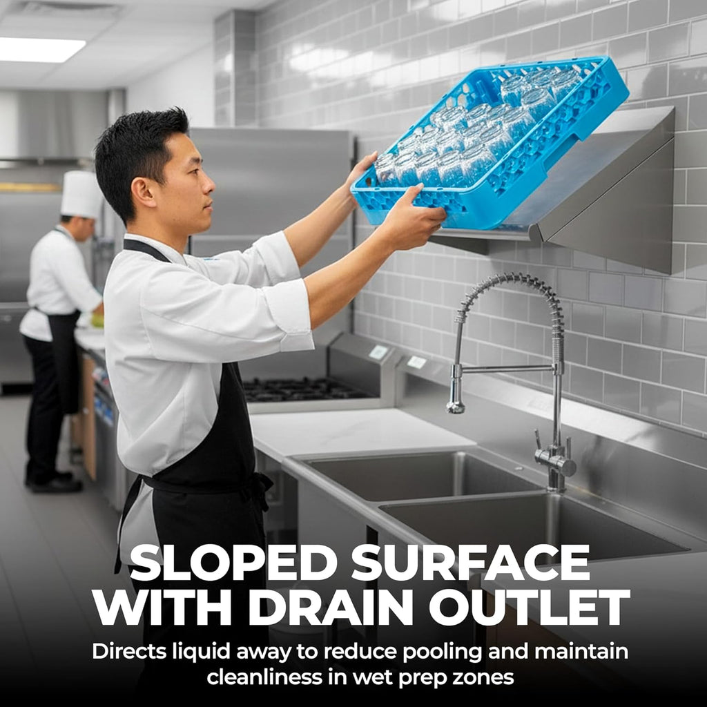 304 Stainless Steel Slanted Wall Rack Shelf with Drain Outlet – 42" x 22.5" | Commercial Wall-Mounted Drip Shelf for Bar, Kitchen, or Dish Station (42 in. x 22 1/2 in)