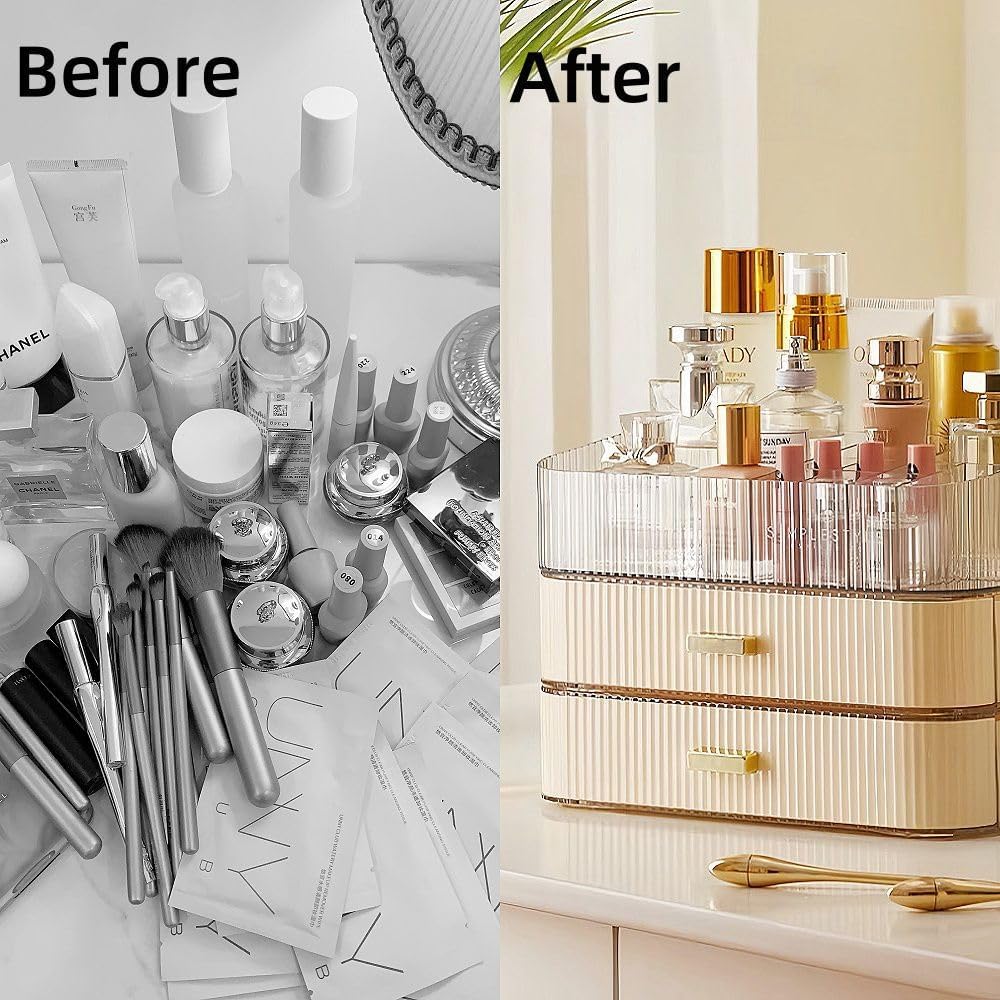 Makeup Organizer with Drawers Stackable Skincare Cosmetic Makeup organization for vanit Bathroom Desk Countertop (Cream)