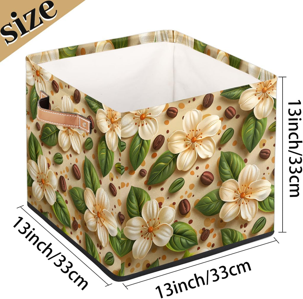 TropicalLife 13x13x13 Inch Large Fabric Storage Cube Beige Floral Print Foldable Storage Bin with Handles Organizer Boxes Cube Basket for Shelves Organizing Closet