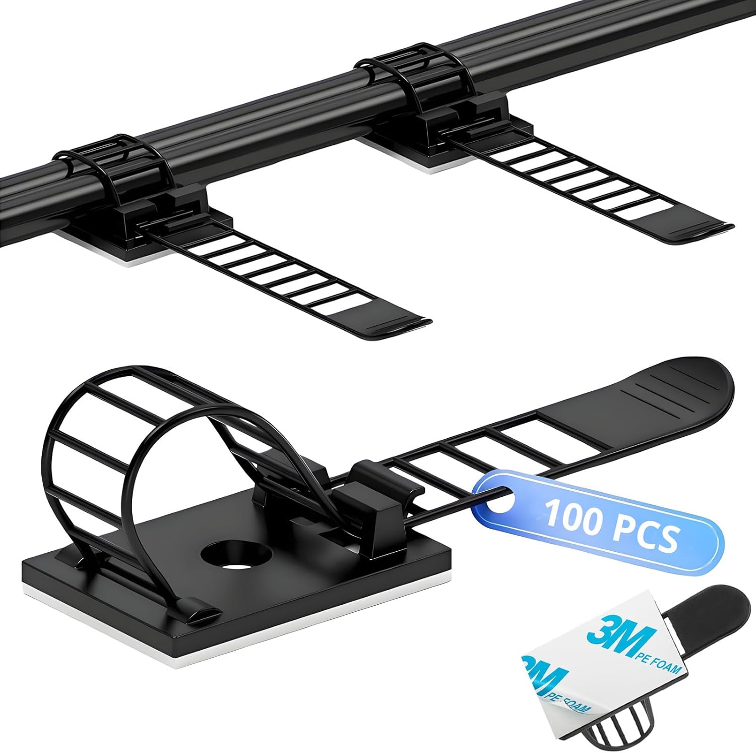 Adjustable 3M Adhesive Cable Management Clips 100Pcs, Large self Adhesive Cable Ties Clips ，Suitable for Cable Management Under desks and on Walls(Black)