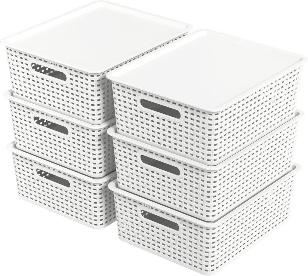6 Pack Stackable Lidded Storage Baskets, Plastic Woven Baskets for Organizing, White
