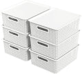 6 Pack Stackable Lidded Storage Baskets, Plastic Woven Baskets for Organizing, White