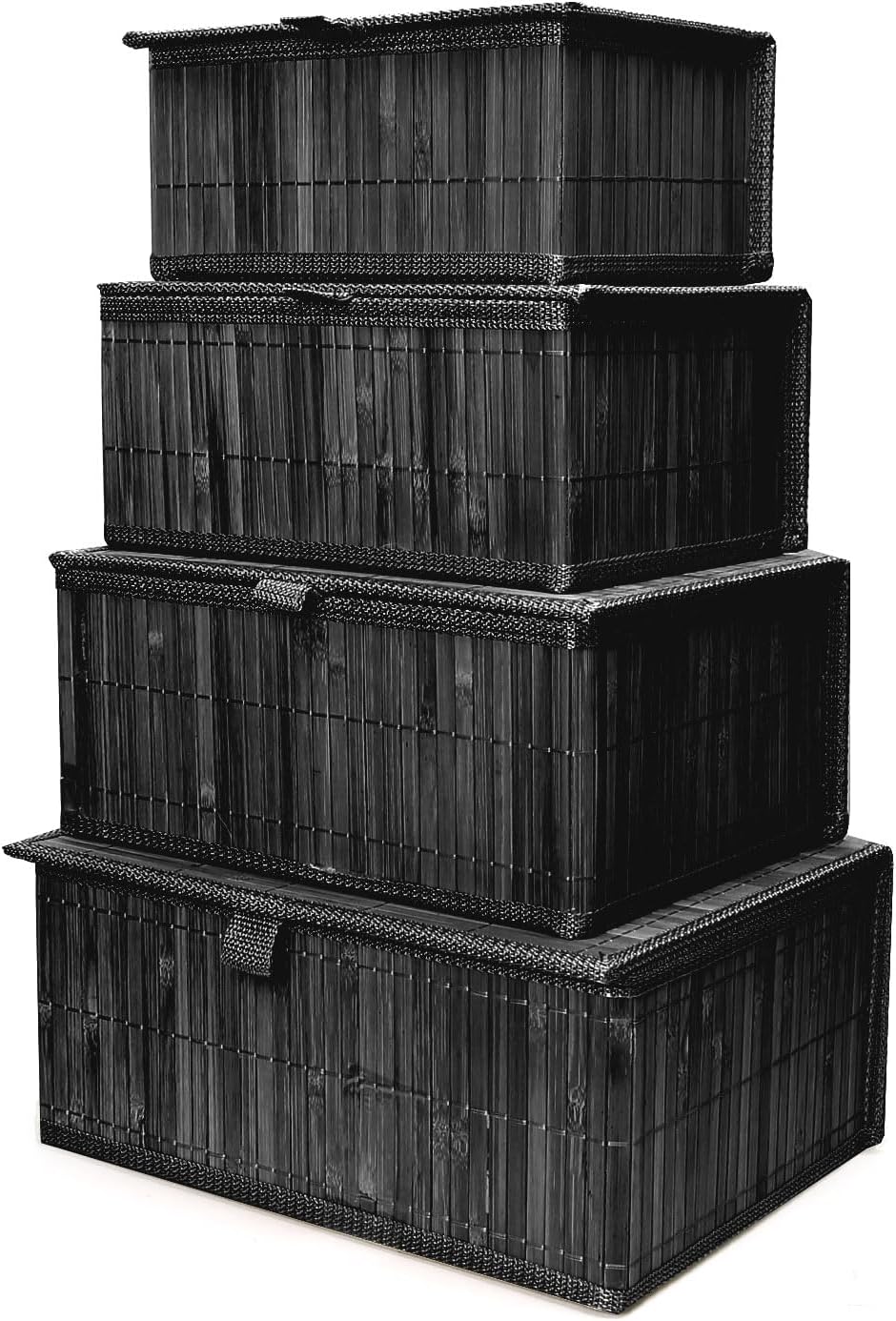 Wicker Basket With Lid Bamboo Storage Box for Shelf Bamboo Decor Storage Boxes With Lids-Rectangle Decorative Basket With Lid Organizer for Bedroom,Living Room (Set of 4,black)