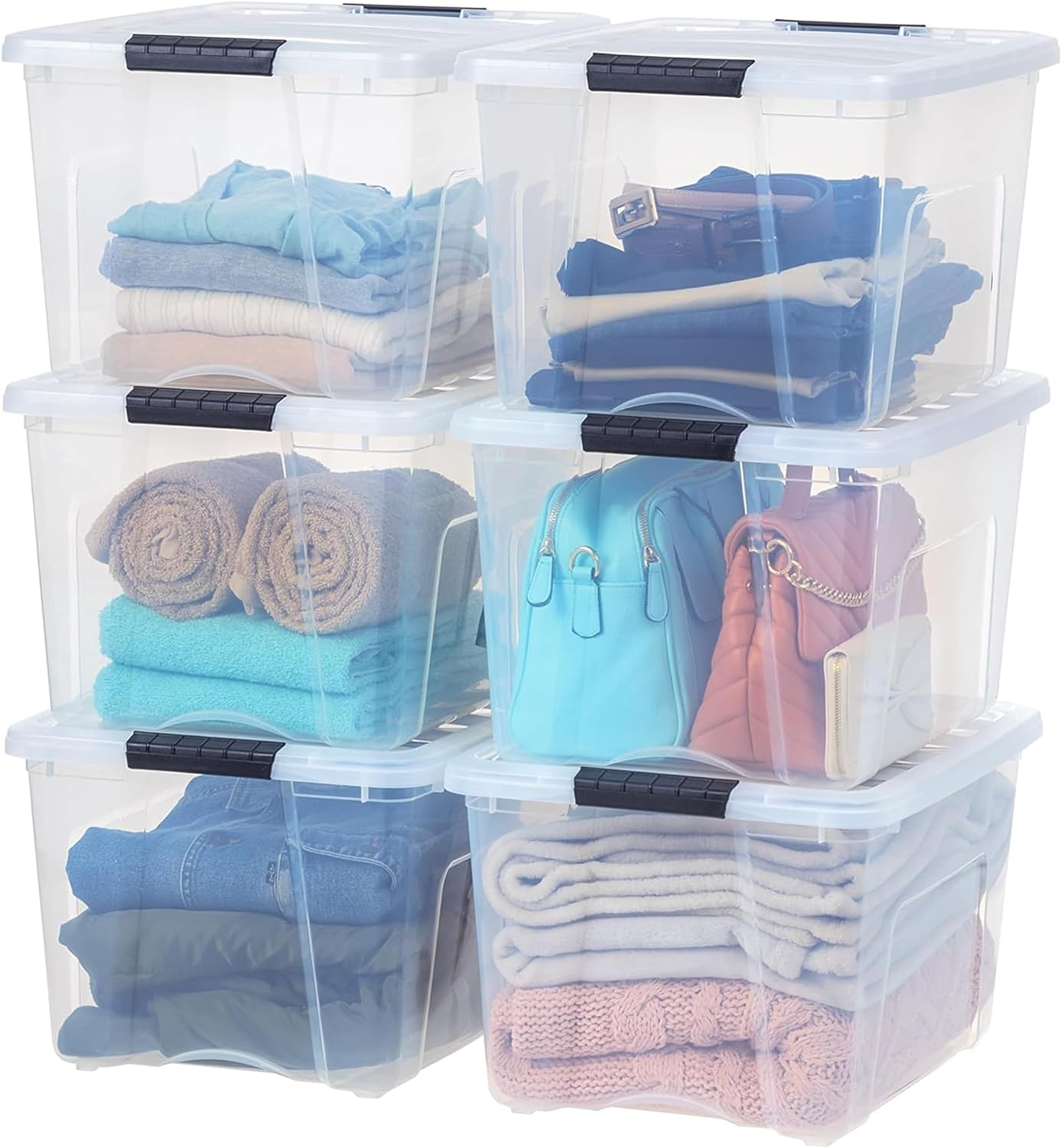 IRIS USA 40 QT Plastic Storage Box with Lid and Latches - 6 Pack - BPA-Free, See-Through Organizing Solution, Durable Nestable Stackable Containers, Secure Pull Handle - Clear