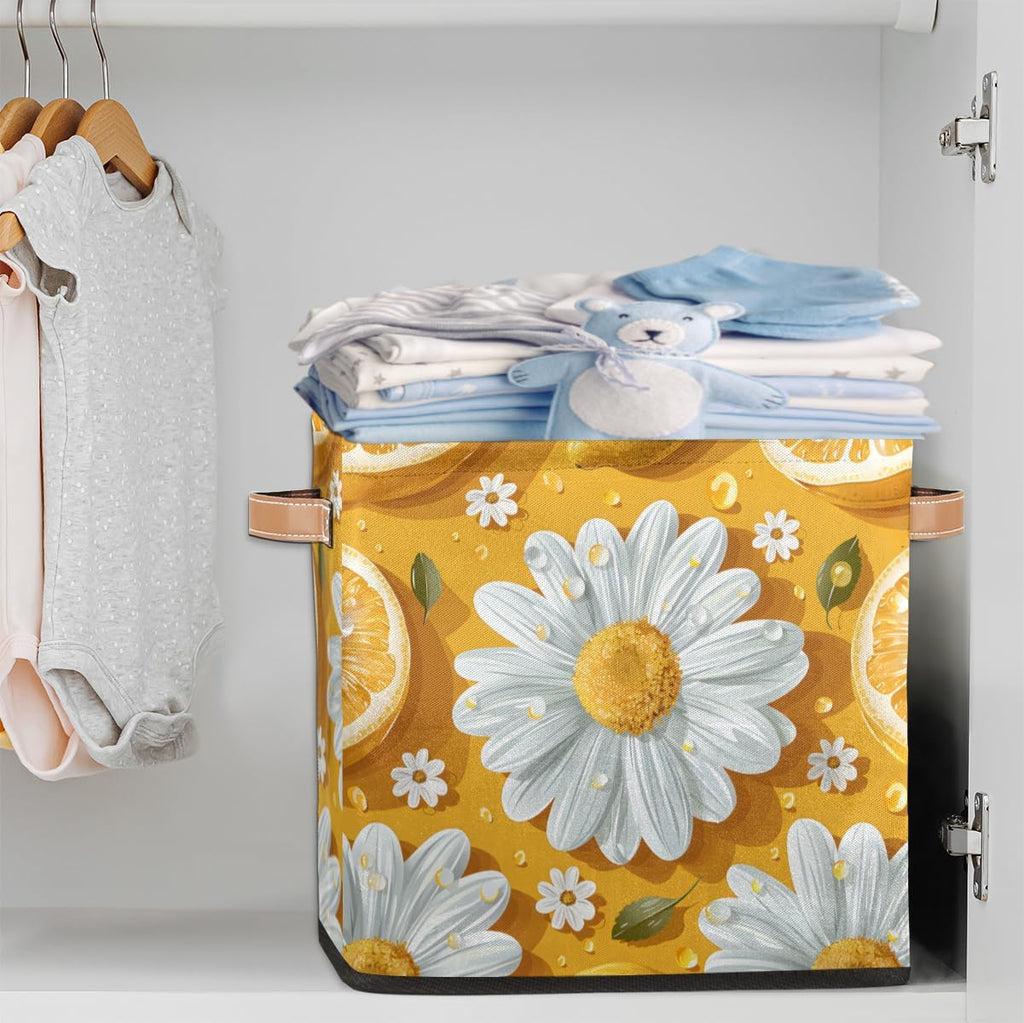 TropicalLife 13x13x13 Inch Large Fabric Storage Cube Lemon Daisy Foldable Storage Bin with Handles Organizer Boxes Cube Basket for Shelves Organizing Closet
