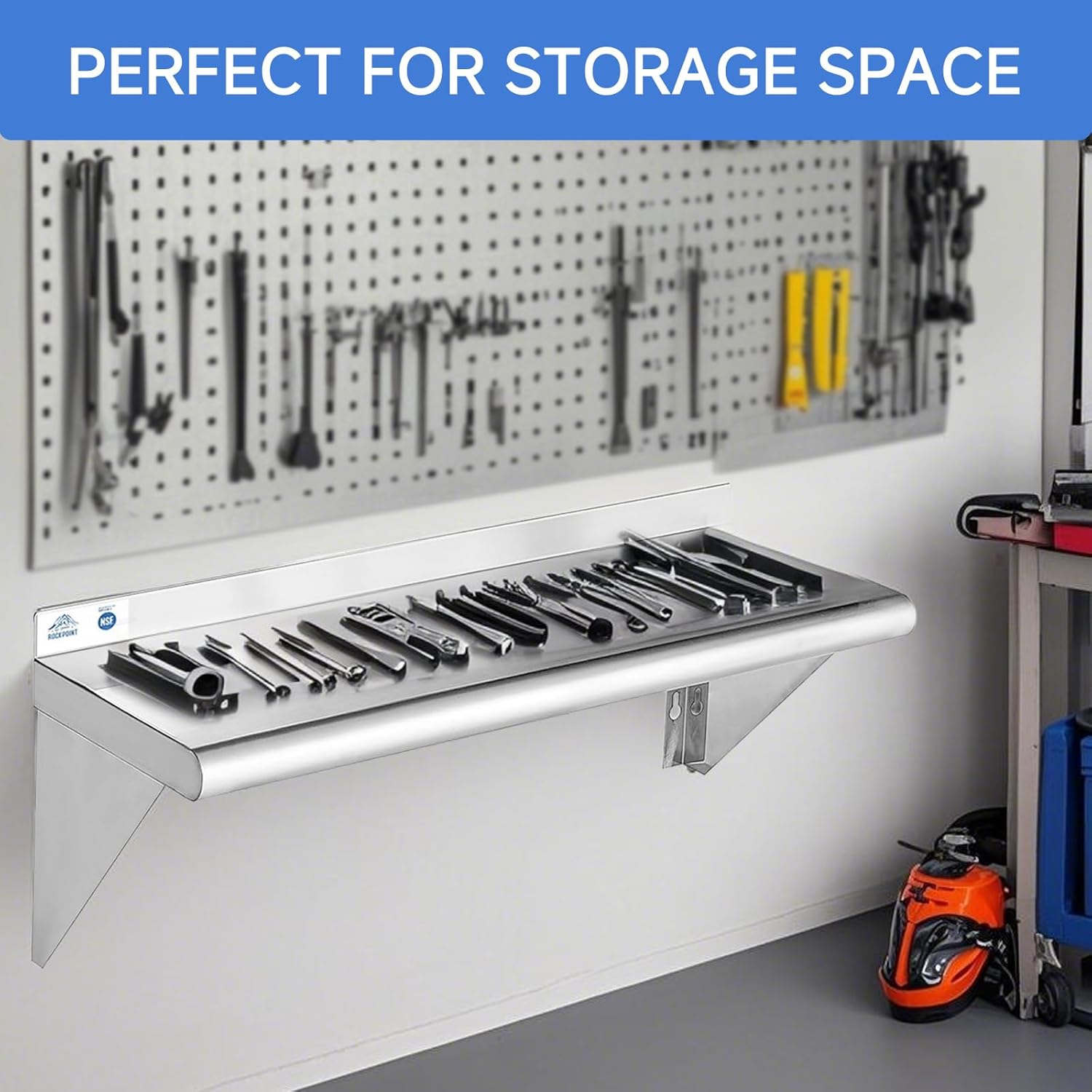 ROCKPOINT Stainless Steel Shelf 12 x 48 Inches 350lb, NSF Metal Commercial Shelves Wall Mount Floating Shelving with Backsplash for Restaurant, Kitchen, Home and Hotel, Silver