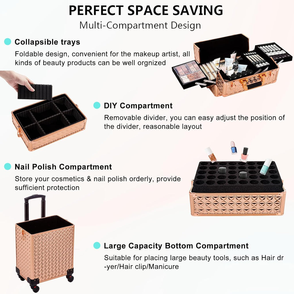 AROUS 5 in 1 Rolling Makeup Train Case Cosmetology Case on Wheels Large Cosmetic Organizer Travel Cart for Hairstylist Artist Nail Beauty Salon Barber,Gold