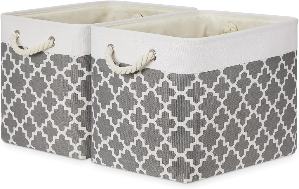 Bidtakay Large Fabric Storage Basket Set of 2 Collapsible Rectangle Basket for Shelves 16" X 11.8" X 11.8" Decorative Organizer Bins for Clothes Toys(White&Quatrefoil Grey)