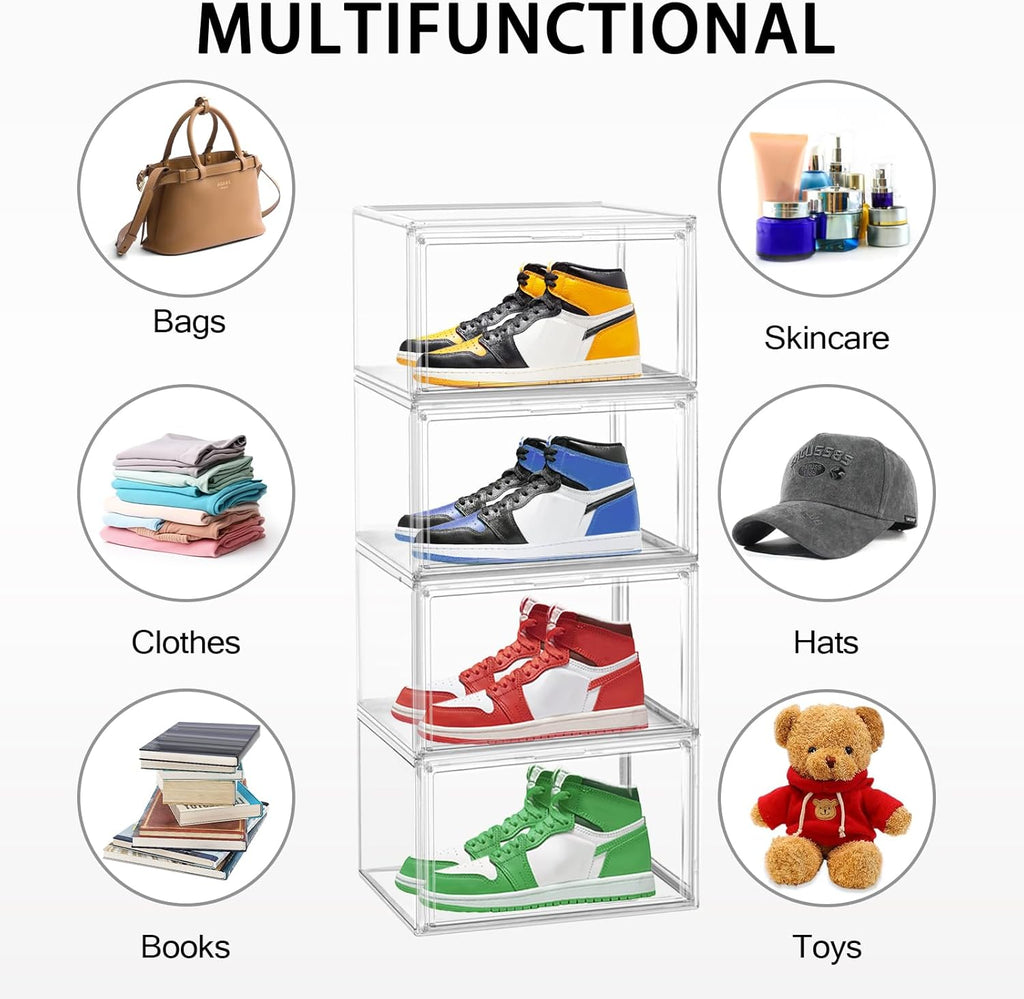 10 Pcs Acrylic Sneaker Shoe Display Case Size 14, Transparent Shoe Box Storage Bins Clear Plastic Stackable Boot Handbag Organizer Containers with Lids