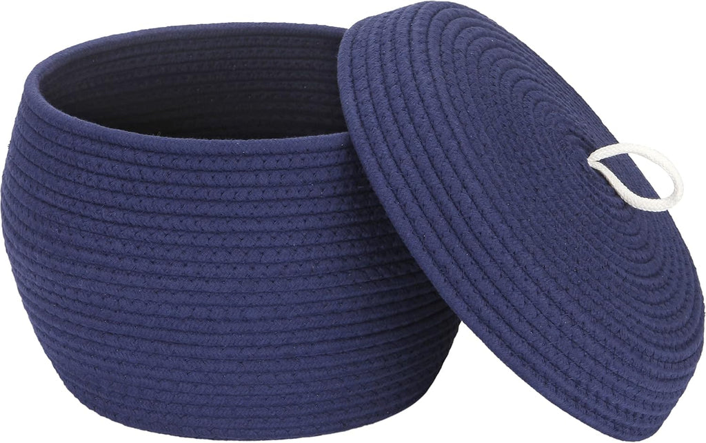 Sea Team Round Cotton Rope Storage Basket with Lid, Decorative Woven Storage Bin, Pot, Caddy, Organizer, Container for Snacks, Towels, Plants, 13 x 9 Inches (Large, Dark Blue)