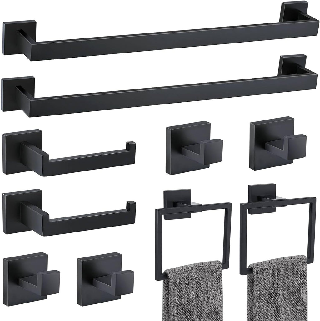 10 Pieces Bathroom Hardware Accessories Set Black Towel Bar Set Towel Holder Racks Set for Bathroom,SUS304 Stainless Steel,Wall Mounted 23.6-Inch