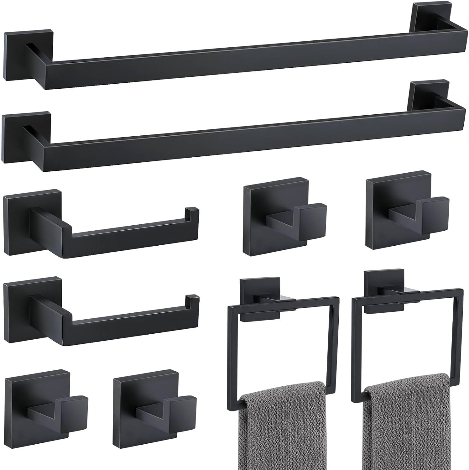 10 Pieces Bathroom Hardware Accessories Set Black Towel Bar Set Towel Holder Racks Set for Bathroom,SUS304 Stainless Steel,Wall Mounted 23.6-Inch
