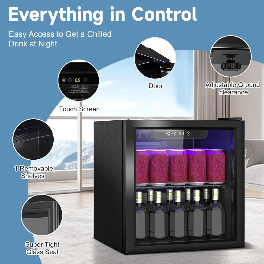 1.3 Cu.Ft Mini Fridge for 60 Cans, Beverage Refrigerator with Glass Door and Digital Display, Small Drink Fridge with Adjustable Shelves for Soda, Beer, Wine, Quiet Compact Fridge for Bedroom
