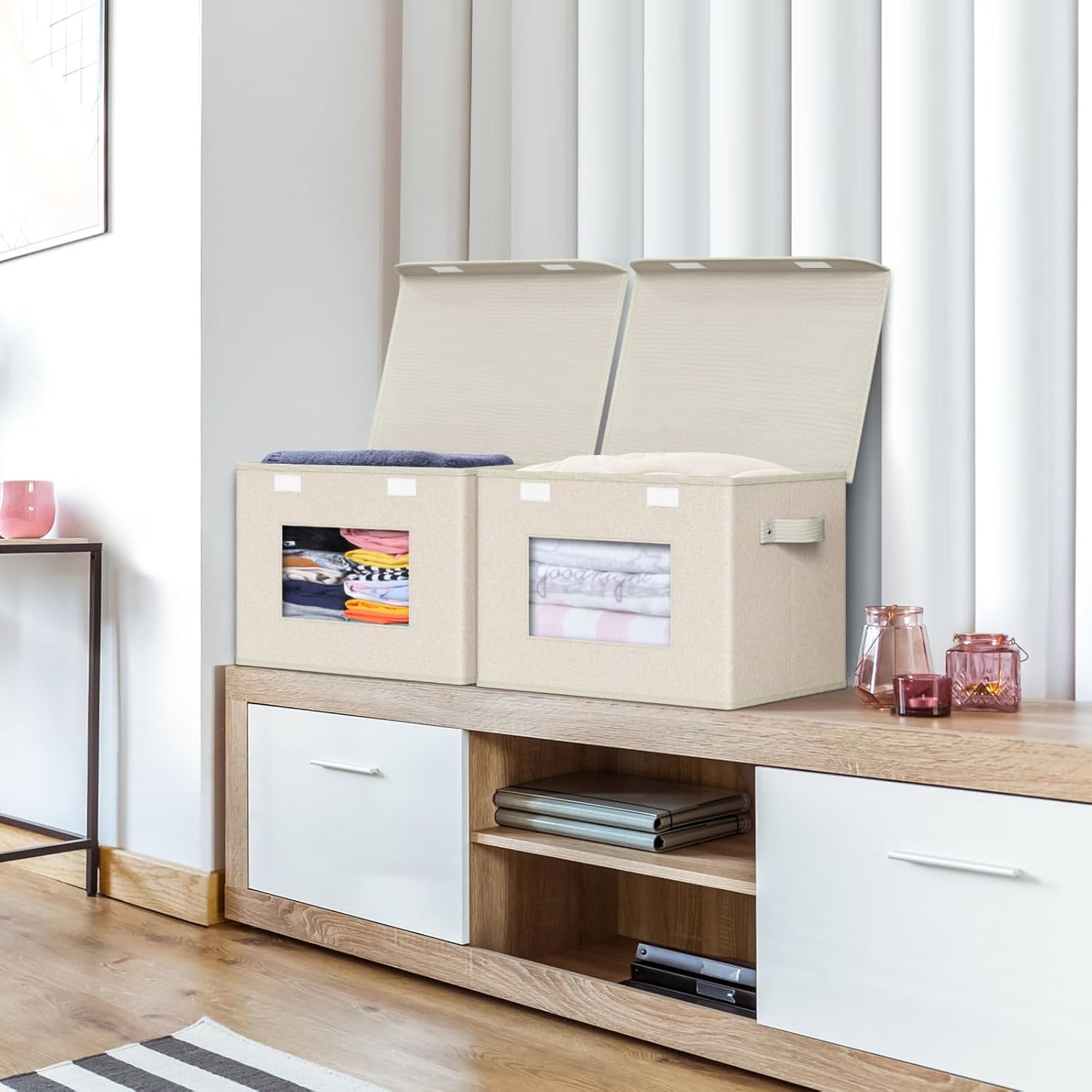 Univivi Collapsible Stackable Storage Bins with Lids [4-Pack] Foldable Fabric Closet Organizer Basket, Closet Organizers and Storage Cube Storage Bin for Home, Office, Bedroom (Beige, 17“ x 12” x 12")