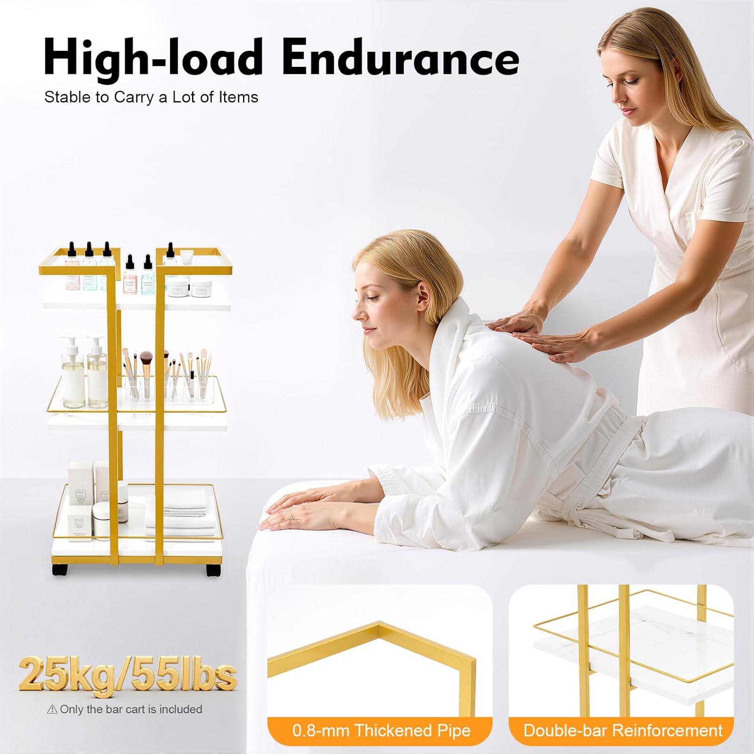 Multi Purpose Utility Cart, Storage Rolling Barber Cart with Wheels & Guardrail, Utility Manicure Trolley with 3-Tier Mobile Storage, Heavy Duty Trolley for Kitchen Living Room Studio