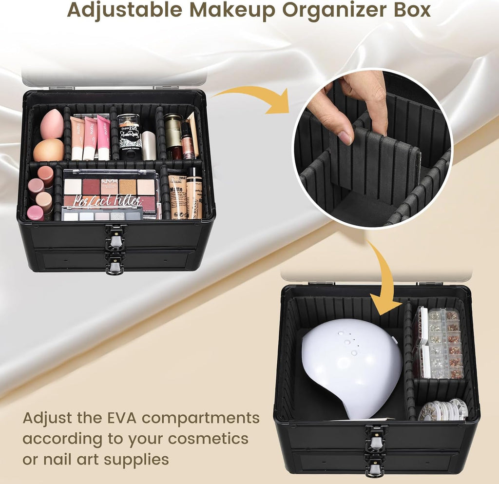Makeup Case with Drawer, Detachable Lighted LED Mirror, Makeup Organizer Box Travel Make up Vanity Case Portable Cosmetic Train Case for MUA Lockable Makeup Suitcase with Adjustable Dividers