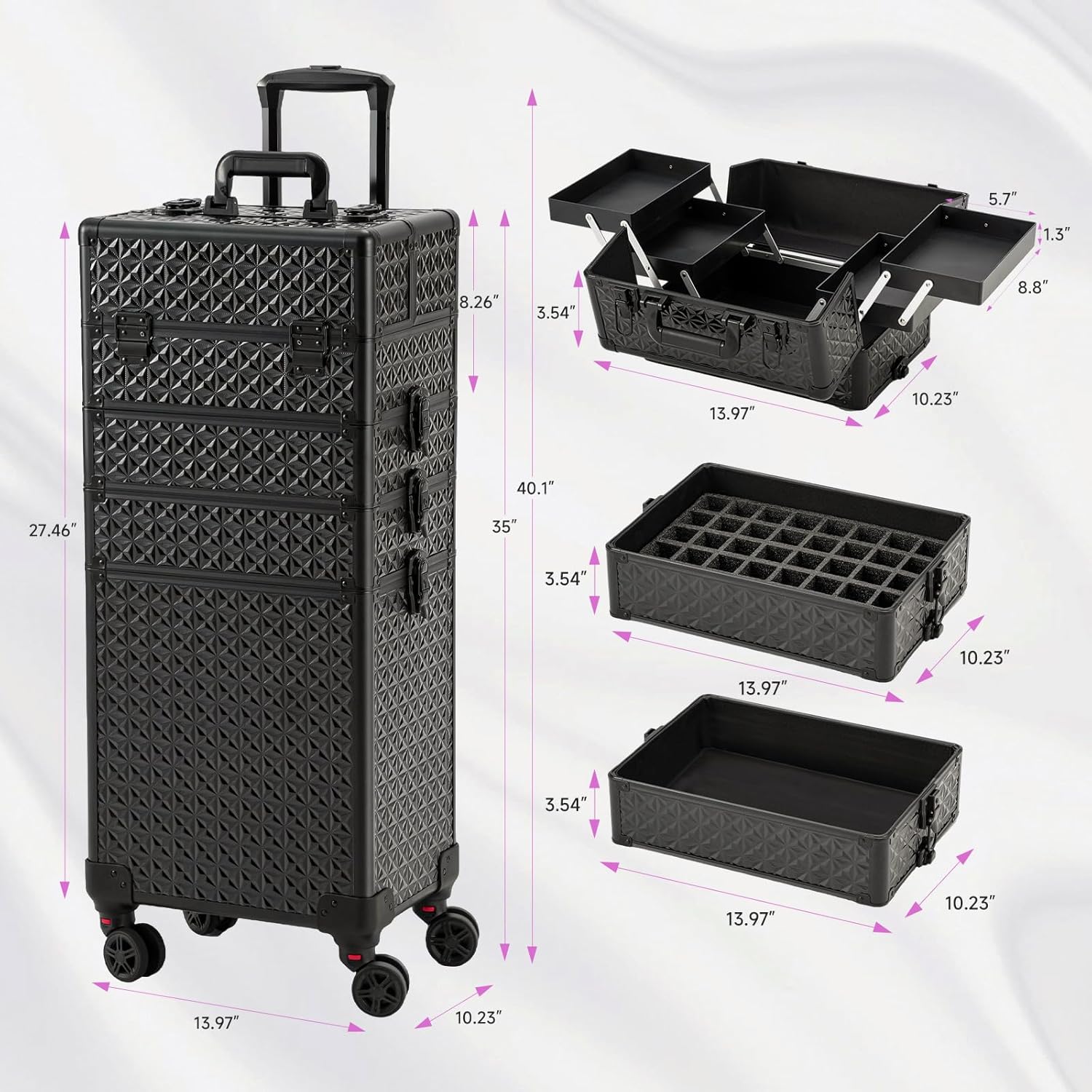 Leeora&Leekoo Portable Multi-Storey Nail Case for Nail Tech Organizer - Wheels Makeup Case Organizer, Cosmetic Case, Makeup Train Case, Make Up Case (Black)