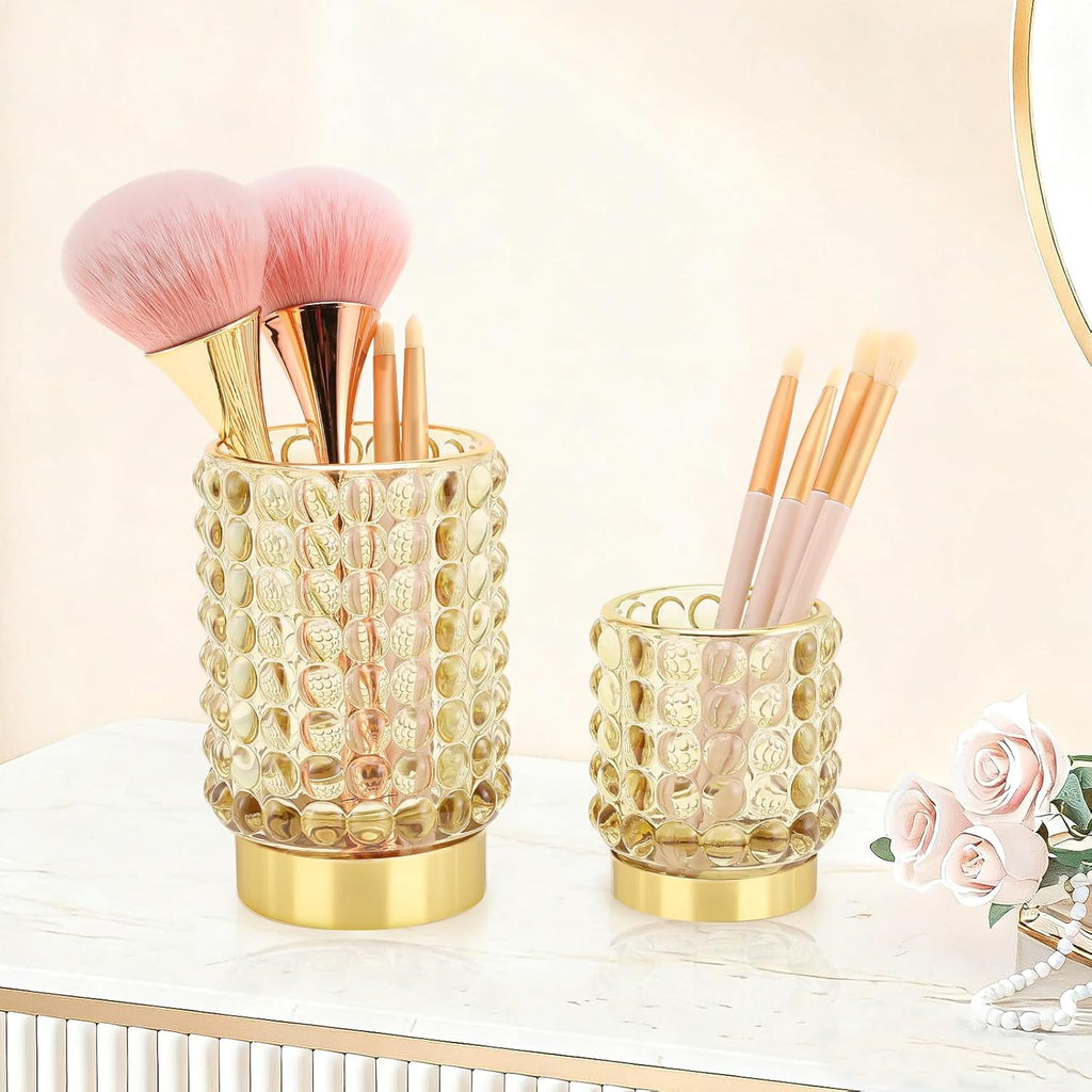 DASITON Makeup Brush Holder Organizer, Crystal Cosmetic Make Up Brush Holder, Glass Makeup Brushes Storage Organizer, Vintage Make Up Cup Desk Pen Pencil Holder, Toothbrush Holders (Yellow S+L)