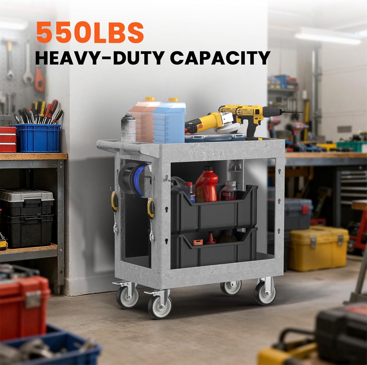 2 Tier Plastic Rolling Utility Cart on Wheels, Heavy Duty Tool Cart with Deep Shelves and 360° Swivel Wheels Holds up to 550 lbs, Service Cart for Garage, Warehouse, Cleaning (Gray-34in)