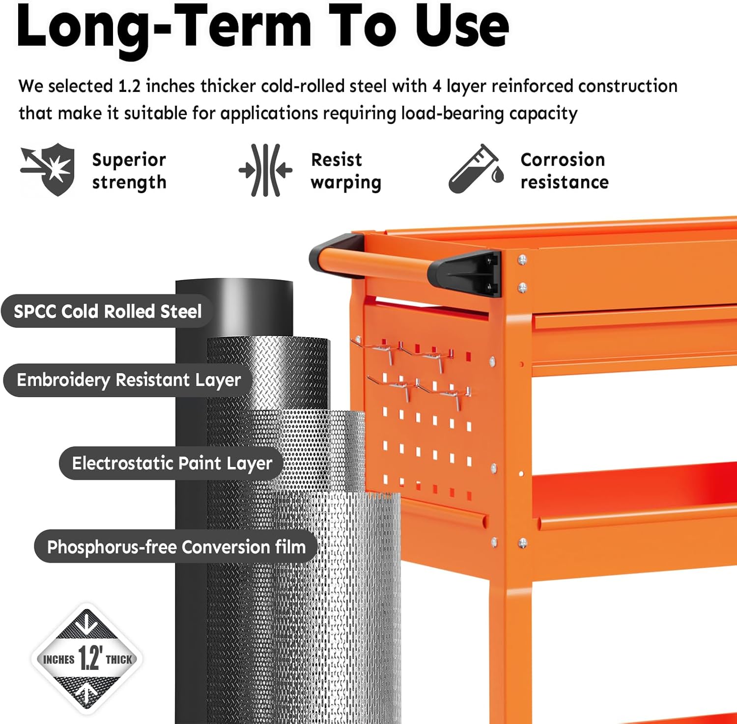 3-Tier Rolling Utility Cart, Metal Heavy Duty Utility Cart on Wheels with Lockable, 330 lb. Load Large Storage Capability Tool Cart for Garage, Warehouse, Repair Shop（Orange）