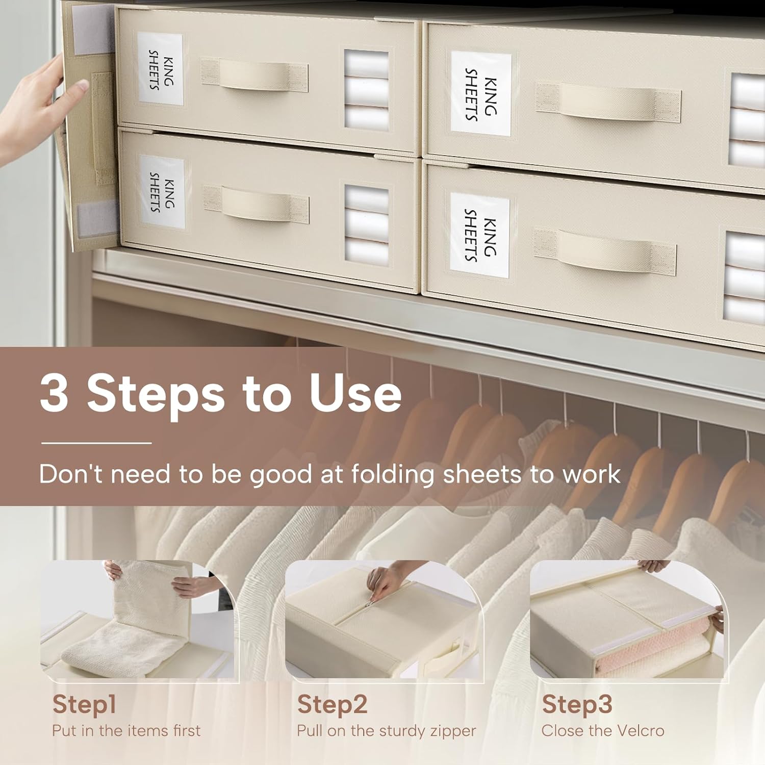 Criusia Bed Sheet Organizers and Storage, 6 Pack Foldable Linen Closet Organizer Box – Bedding Holder for Sheet Set (King/Queen Sizes), Duvet Covers, Blankets (Beige)