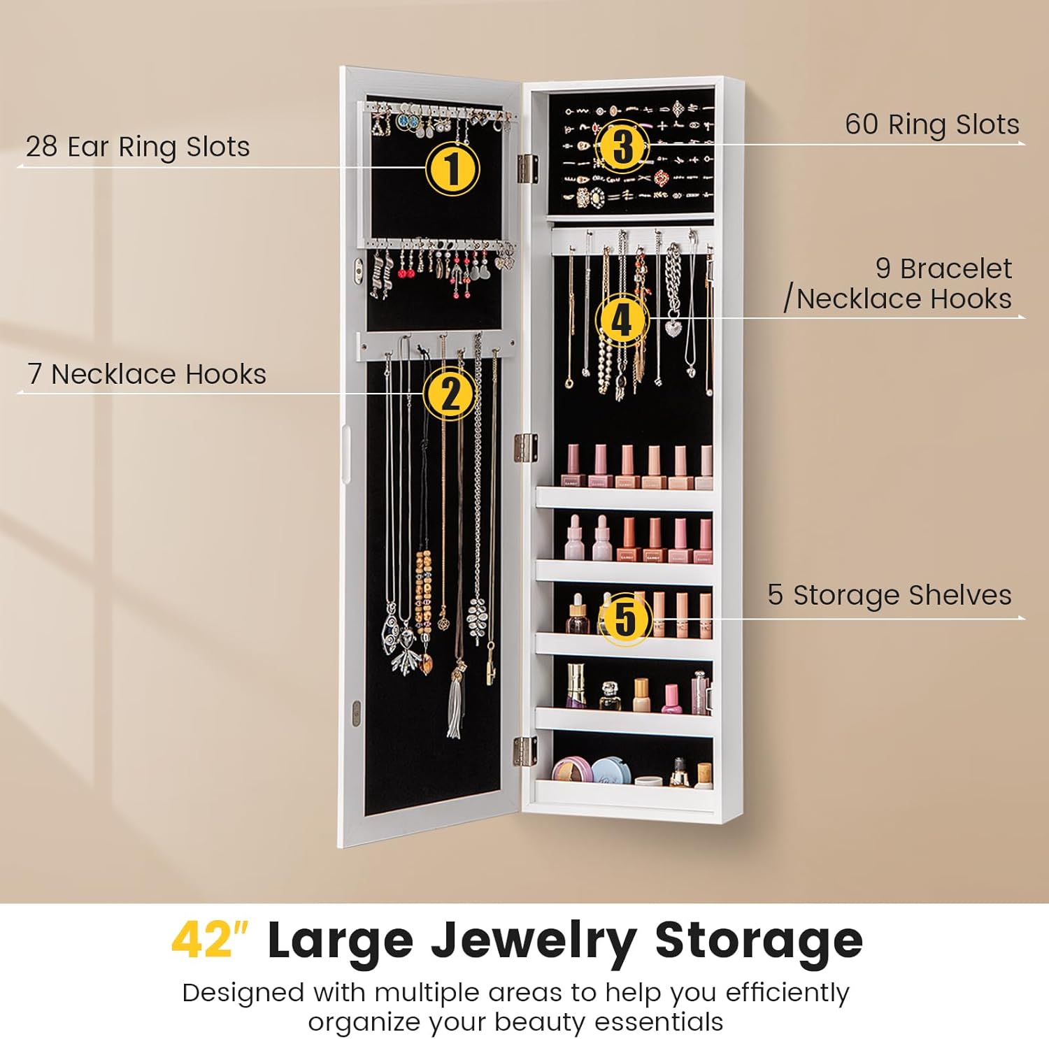 LOKO 42” Mirrored Jewelry Cabinet, Wall/Door Mounted Hanging Jewelry Armoire Organizer with Full-length Mirror, Soft Lining, 5 Storage Shelves for Accessories & Cosmetics, Christmas Gift (White)