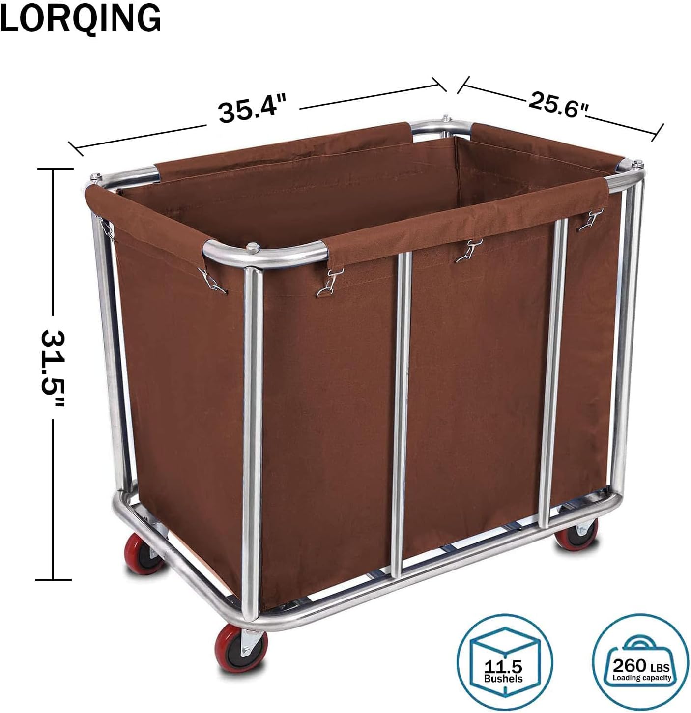 10 Bushels Laundry Cart Commercial/Home,Heavy Duty Large Stainless Steel Rolling Laundry Basket with Wheels，for Laundry Organizer and Storage,260LBS Load (Brown)
