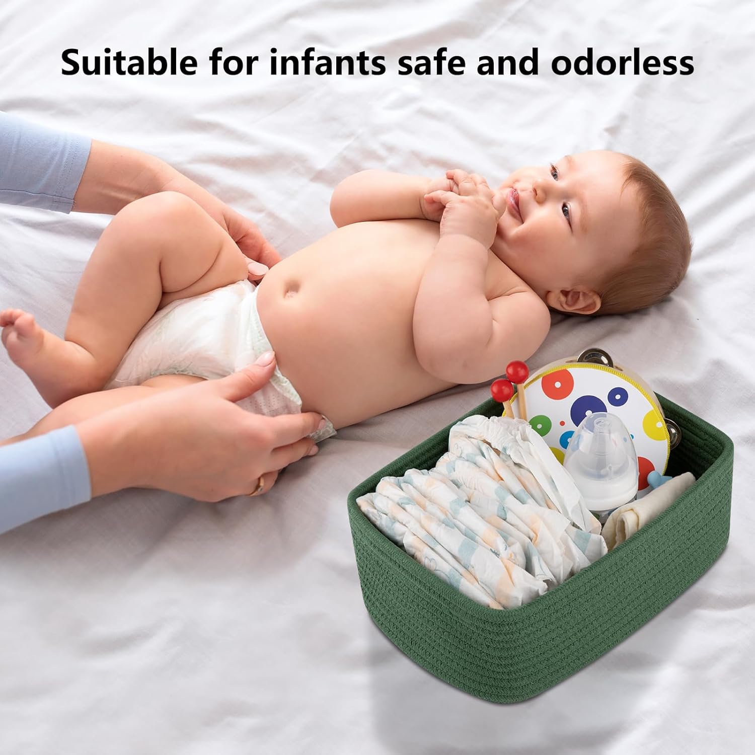 4 Pack Small Storage Shelf Baskets for Organizing, Mini Woven Rope Storage Bins for Towels, Cute Decorative Closet Organizer，Baby Nursery, Gift Empty Baskets -13''Lx8.66''Wx5.11''H-Green