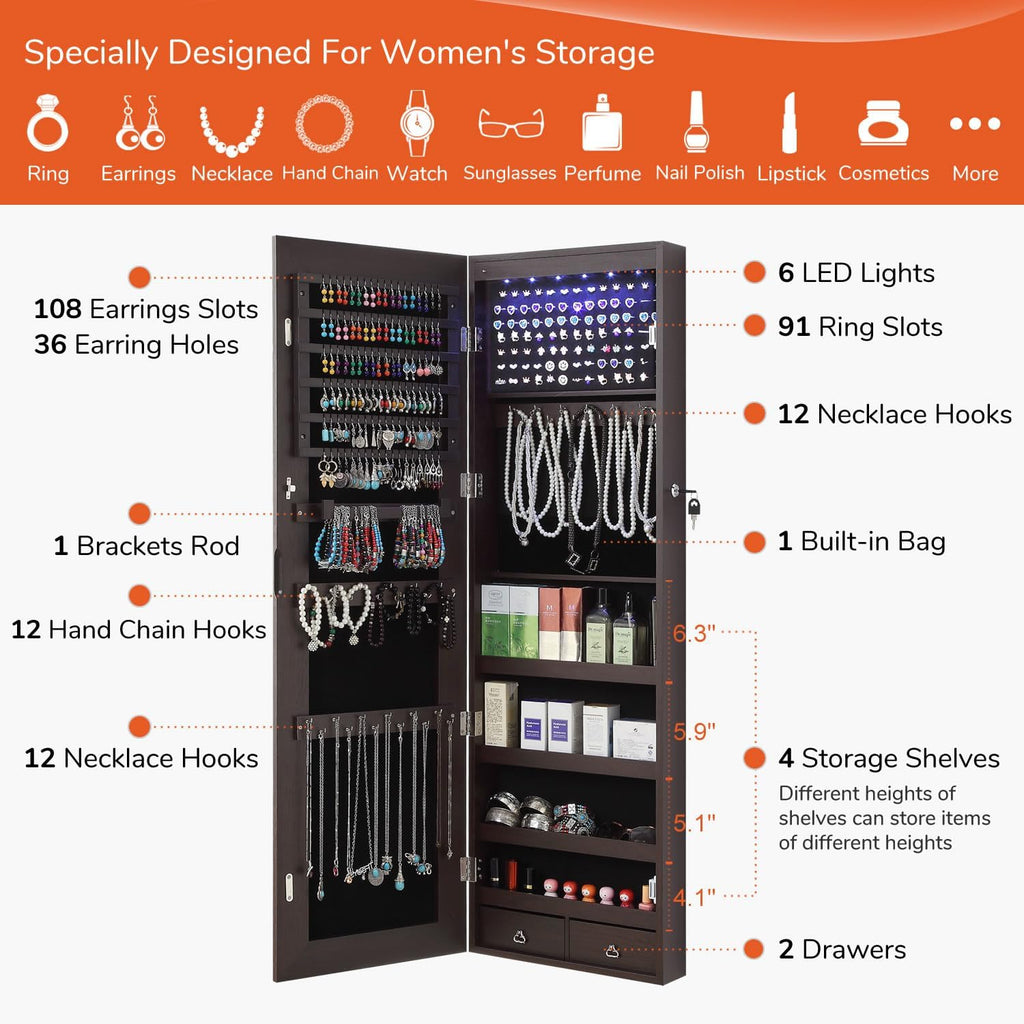 GISSAR Full Length Mirror Jewelry Cabinet, 6 LEDs Jewelry Armoire Wall Mounted Over The Door Hanging, Jewelry Organizer Storage with Lights Lockable, Brown, 14.6" x 47.2"