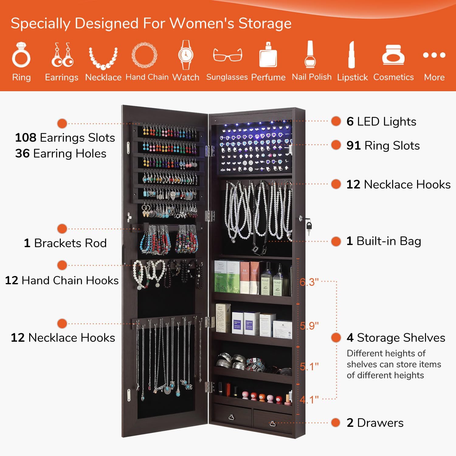 GISSAR Full Length Mirror Jewelry Cabinet, 6 LEDs Jewelry Armoire Wall Mounted Over The Door Hanging, Jewelry Organizer Storage with Lights Lockable, Brown, 14.6" x 47.2"